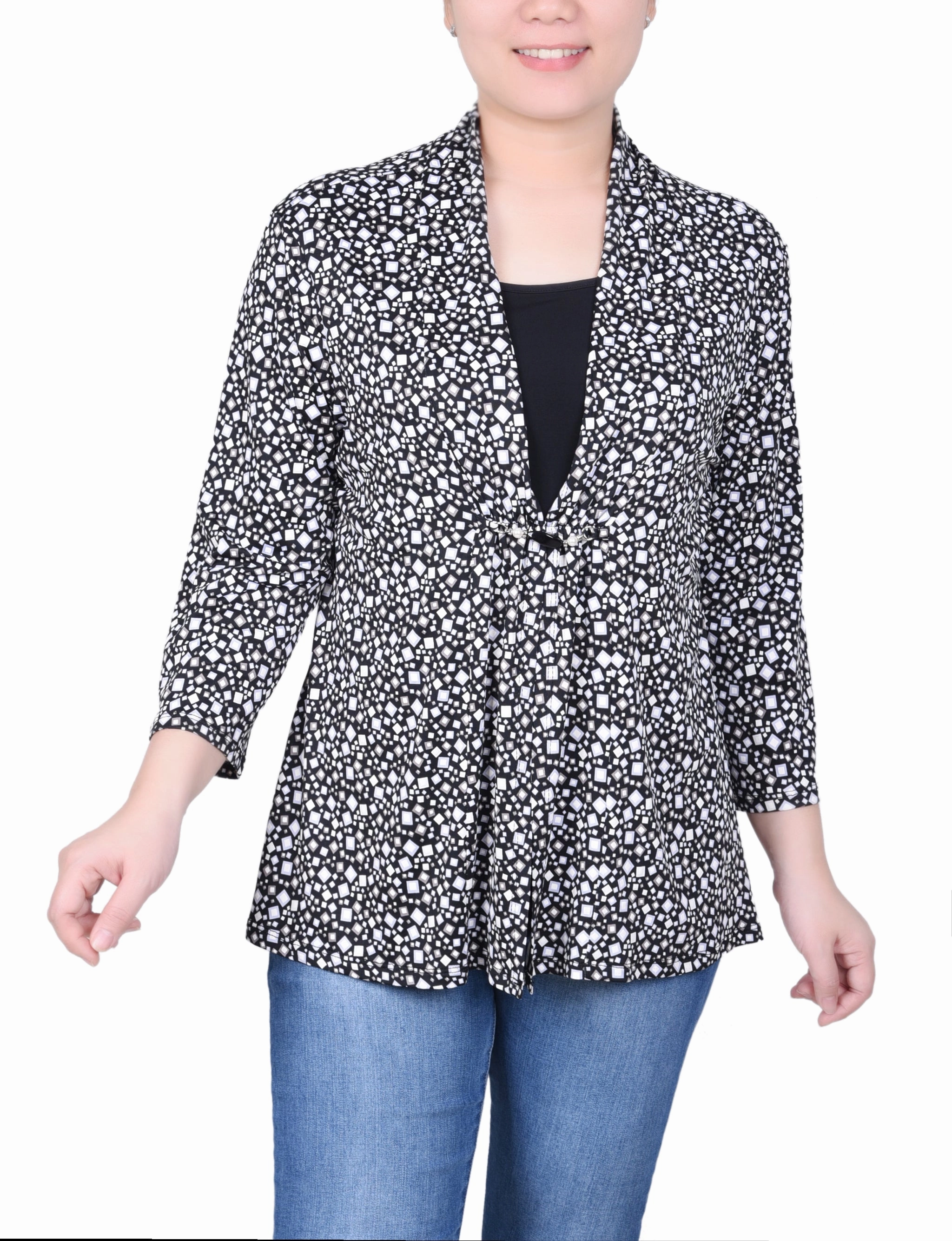 Adjustable Hemline Antistatic Petite Puff Print 3/4 Sleeve Two-Fer Top