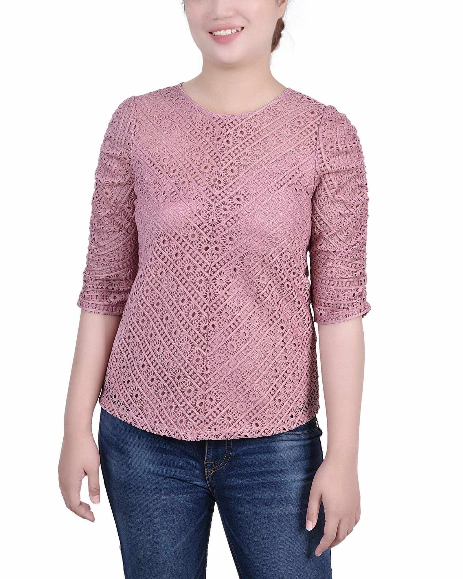 Petite Rouched Sleeve Lace Top Microfiber Technology High Density Knit