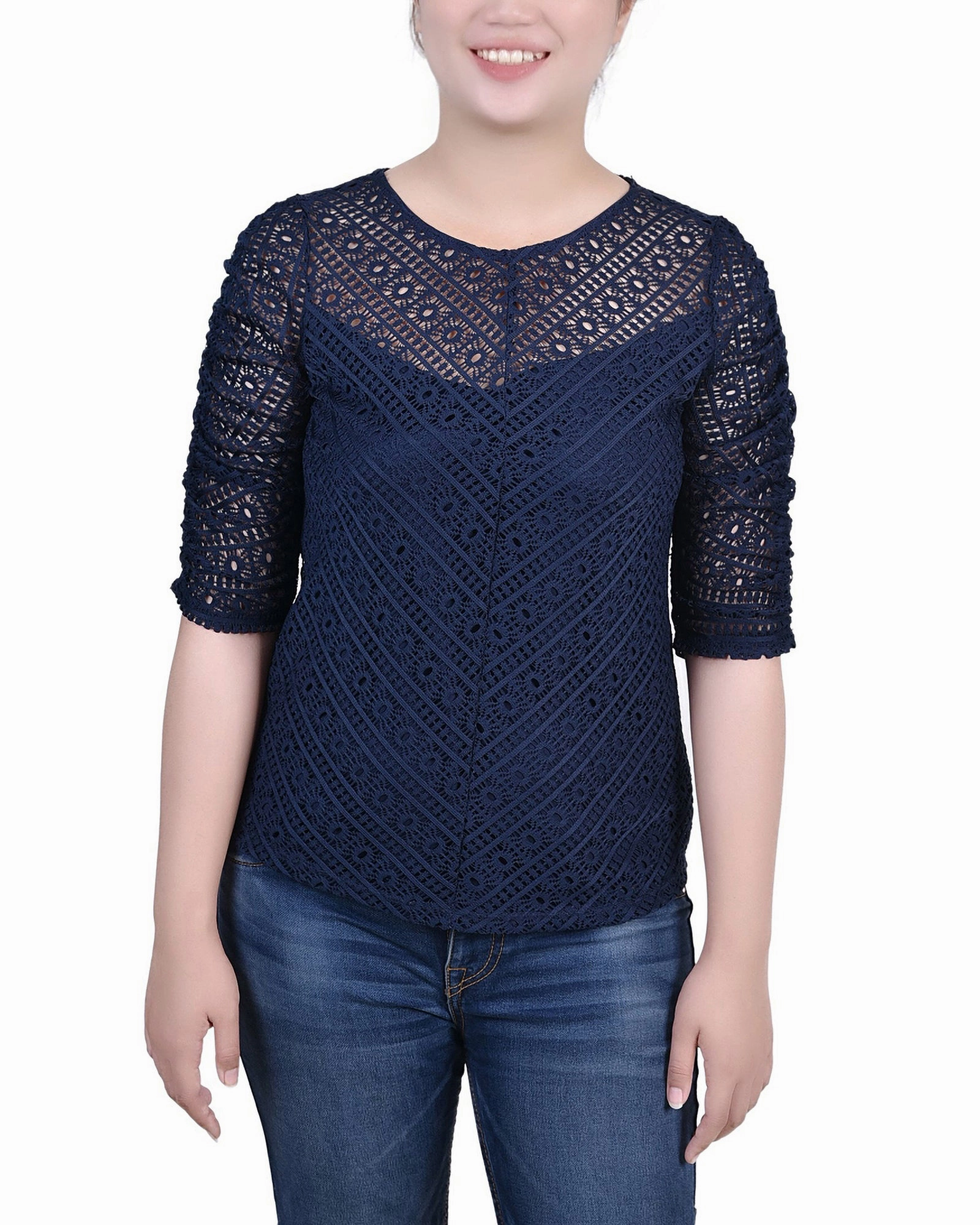 Thermal Regulation System High Collar Design Petite Rouched Sleeve Lace Top