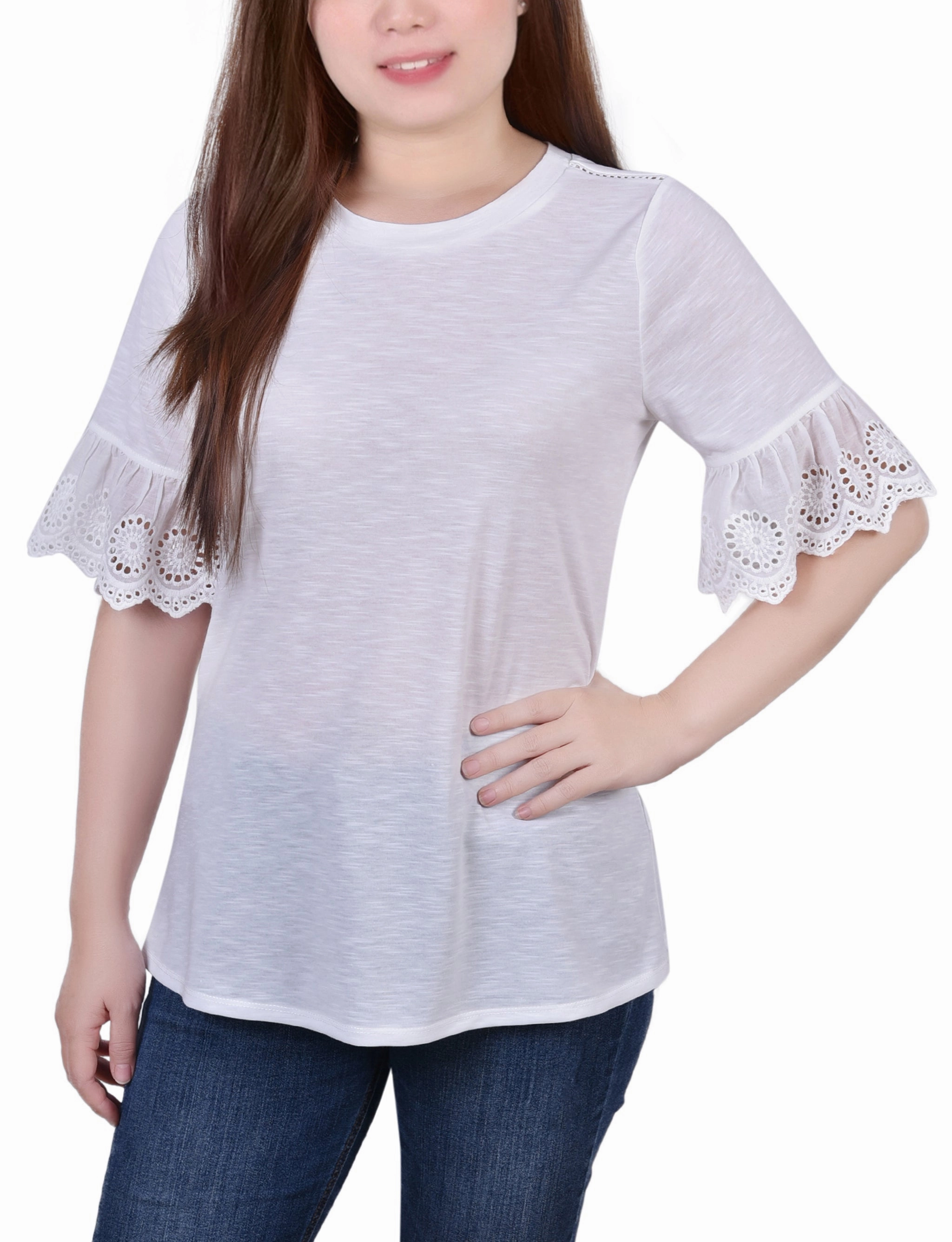 Soft Touch Fabric Distressed Texture Petite Short Bell Sleeve Slubbed Top