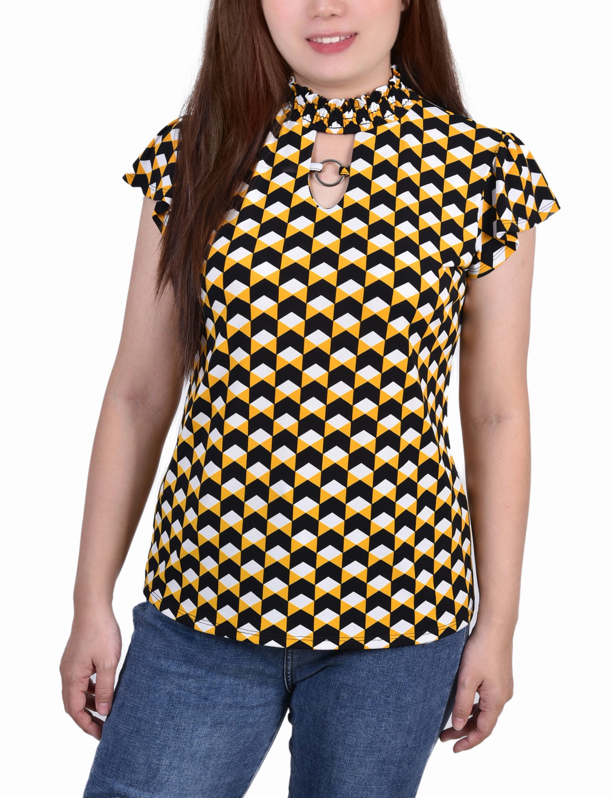 AntiPillingTechnology Petite Short Flutter Sleeve Mock Neck Top