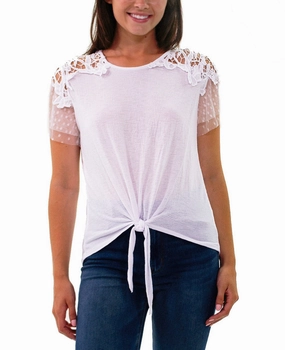 Petite Short Point De Sprit Sleeve Top With Crochet Detail And Knotted Hem Ribbed Hemline