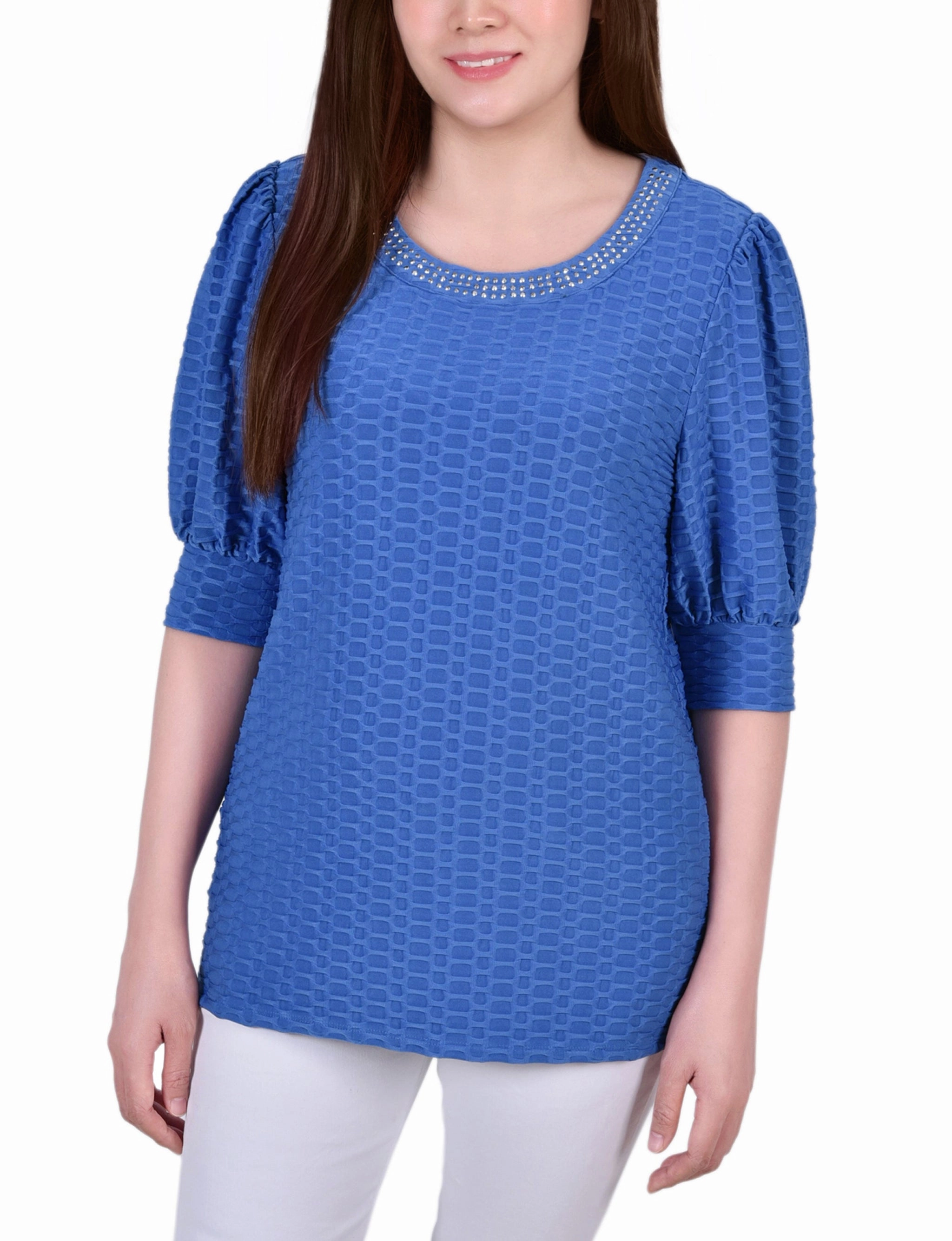Long Sleeve Polo Minimalist Silhouette Cut Petite Short Puff Sleeve Honeycomb Top