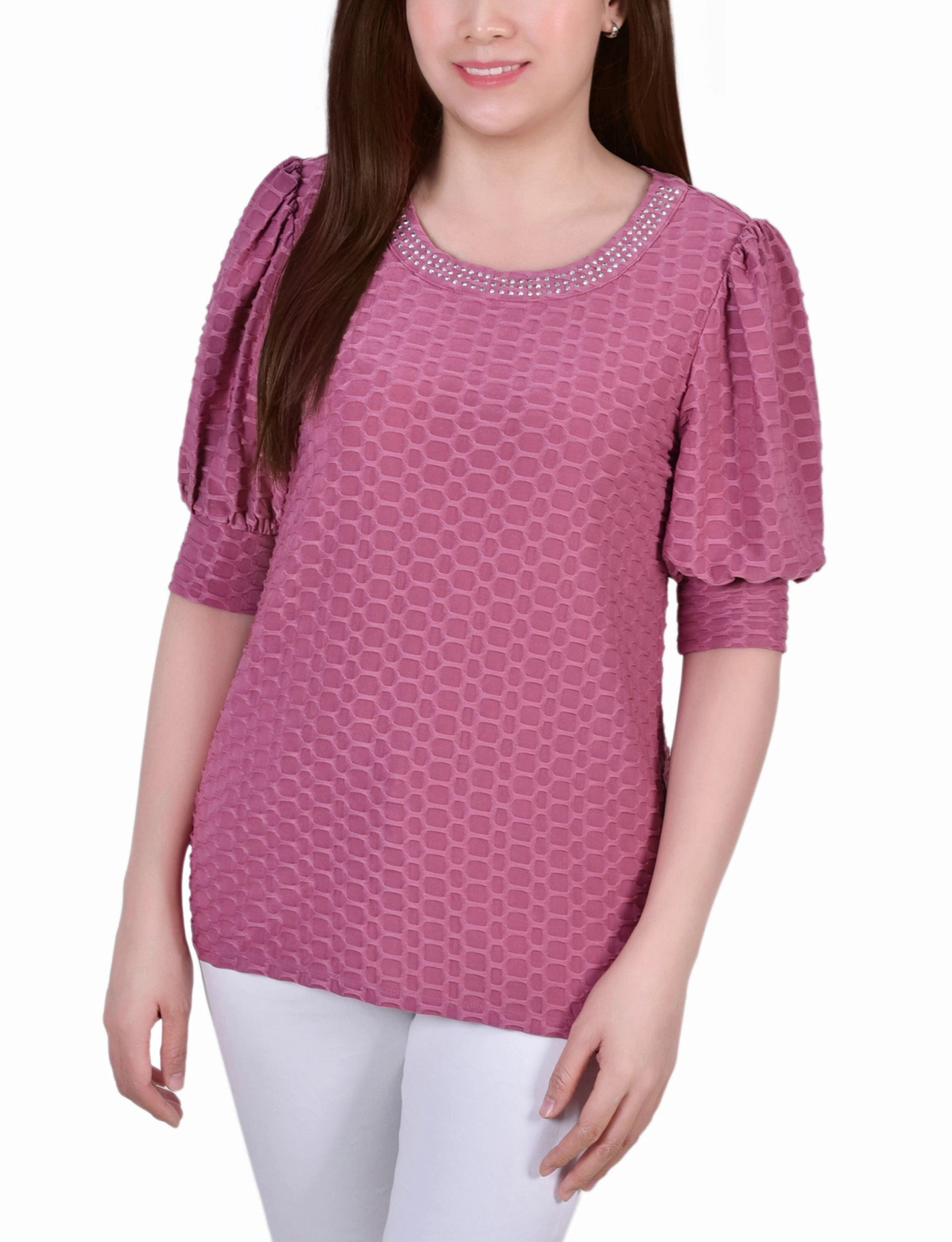 Petite Short Puff Sleeve Honeycomb Top FeatherlightConstruction