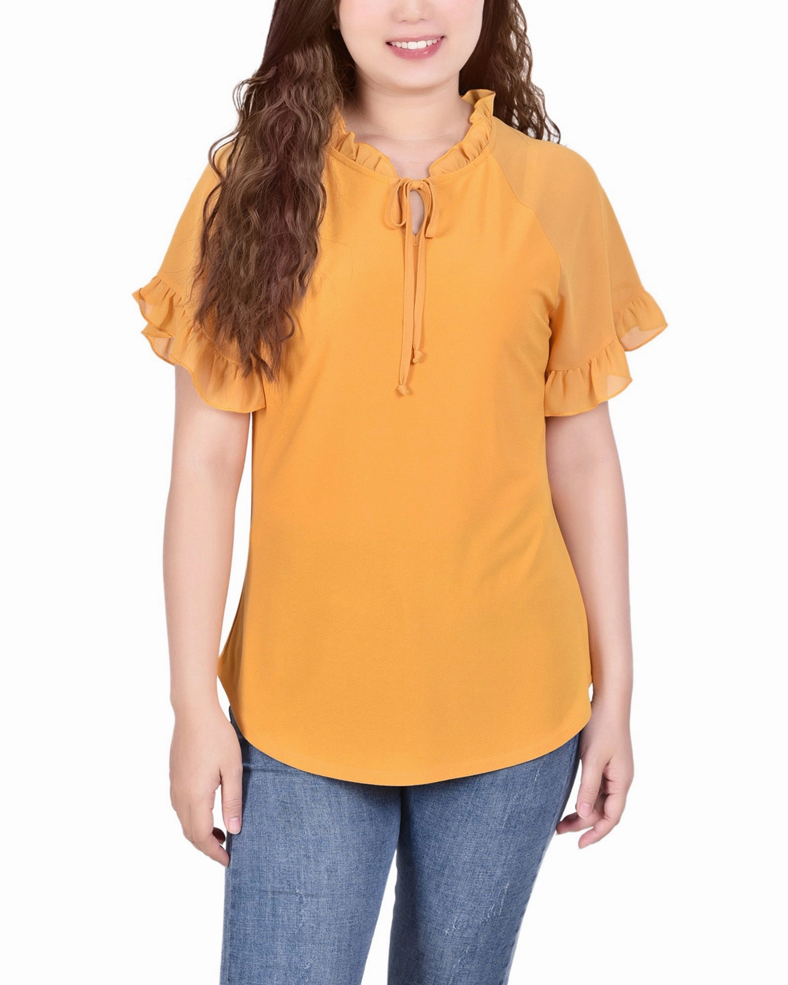 Petite Short Ruffled Sleeve Crepe Knit Top With Chiffon Sleeves EcoCertified Textile Airflow Ventilation