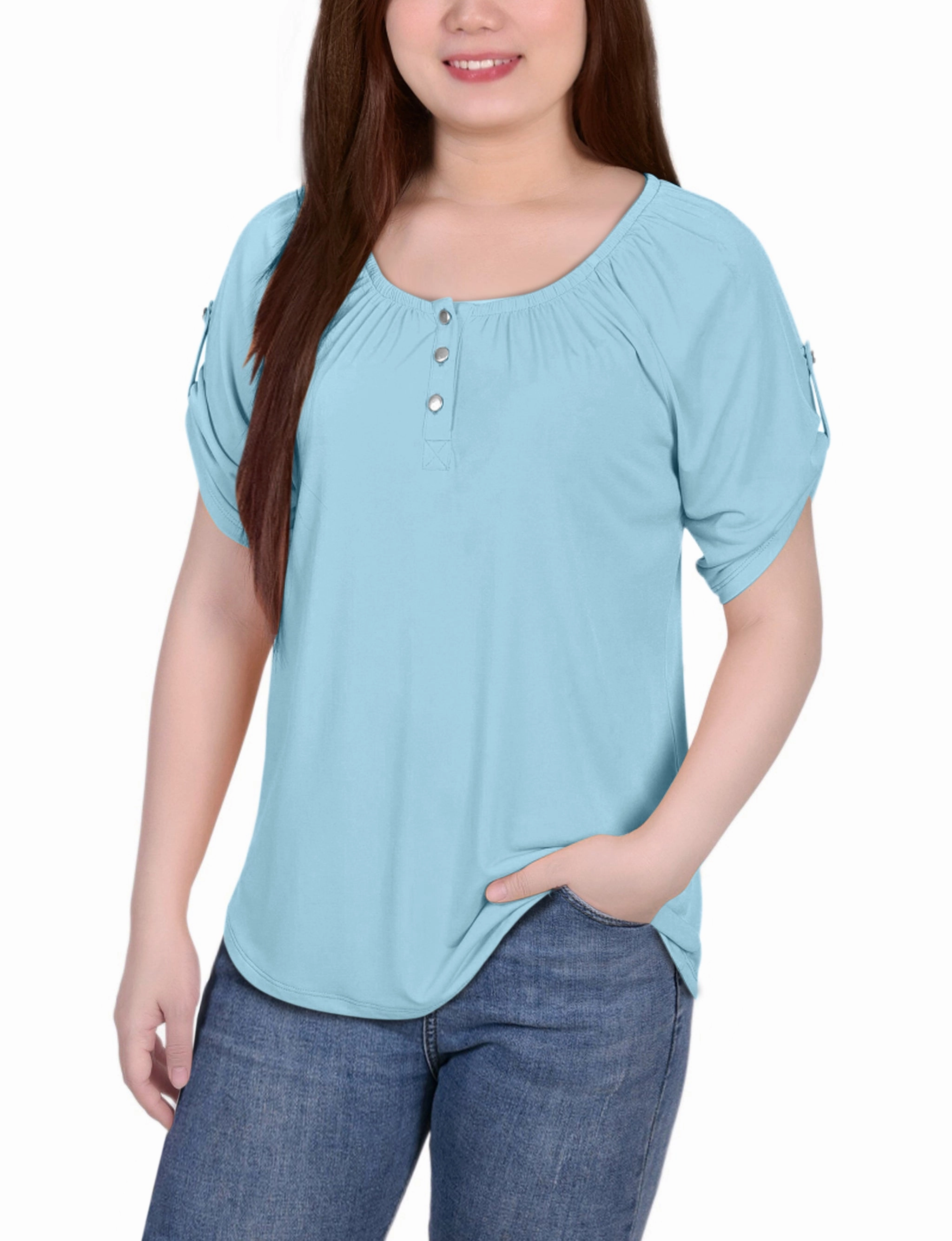 Petite Short Sleeve Round Neck Henley Top FlexFoamInserts Glow In The Dark Accent Trim