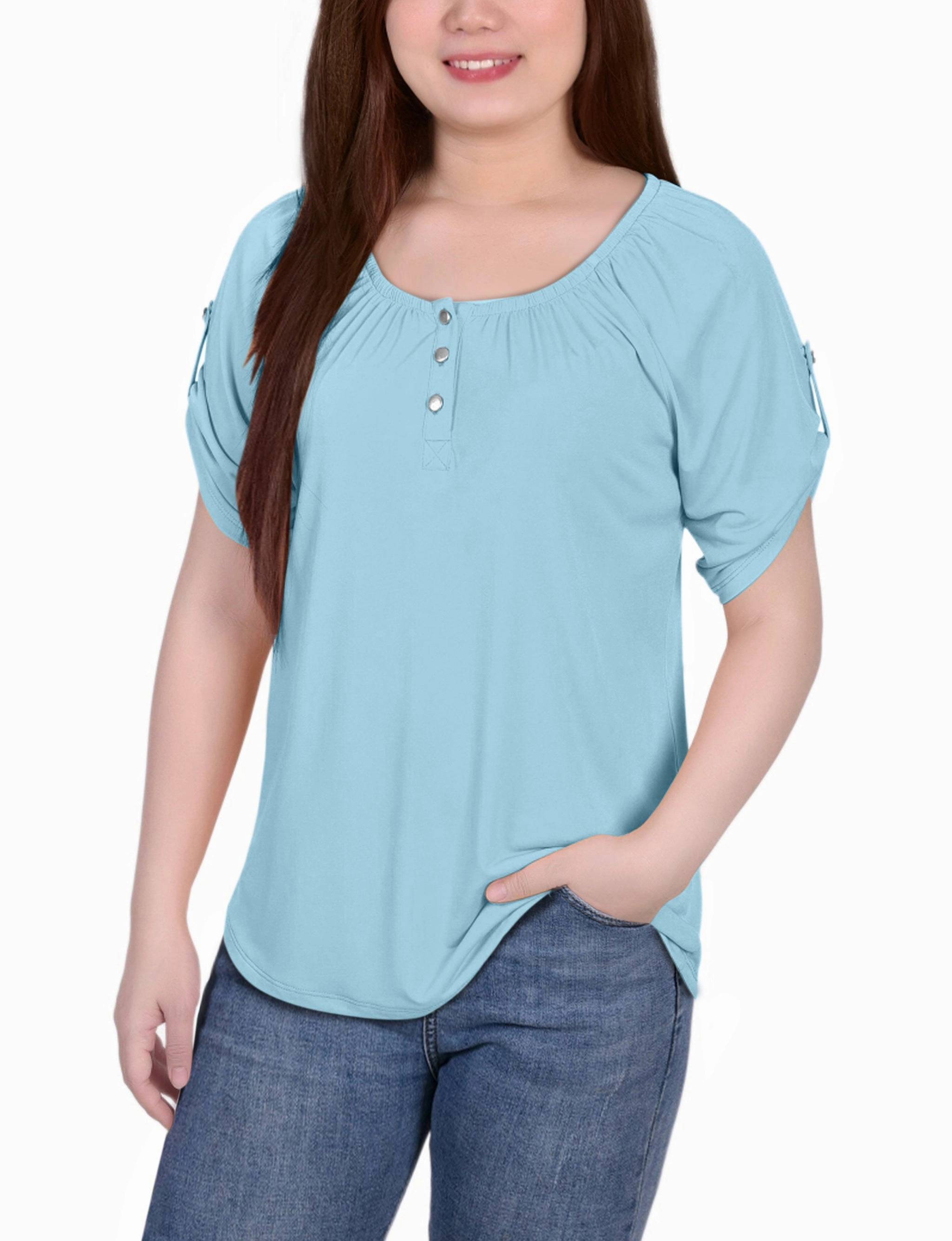 Petite Short Sleeve Round Neck Henley Top YarnBlend ElasticEdgeBinding