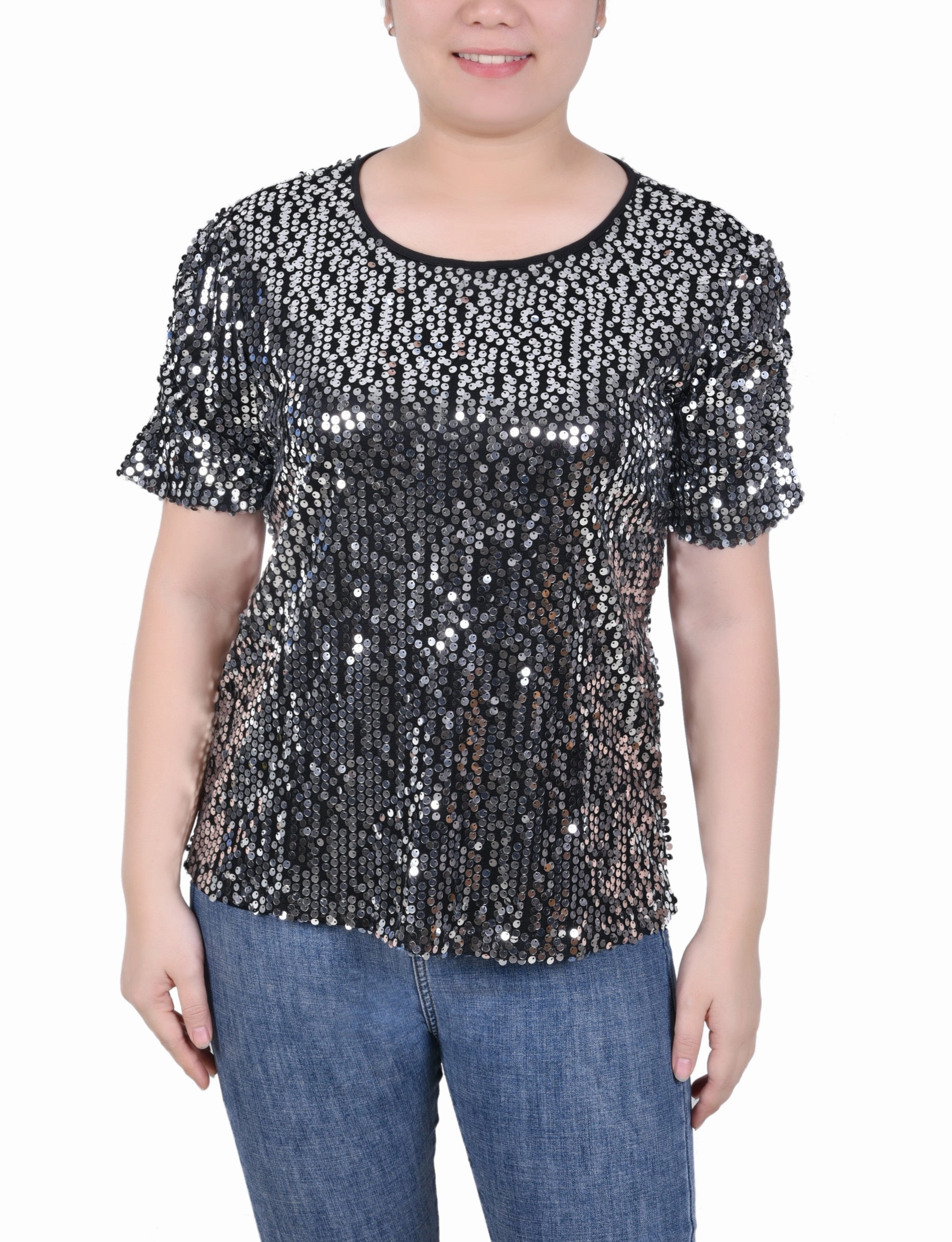 Petite Short Sleeve Sequined Top Casual dress AntiMicrobialLining