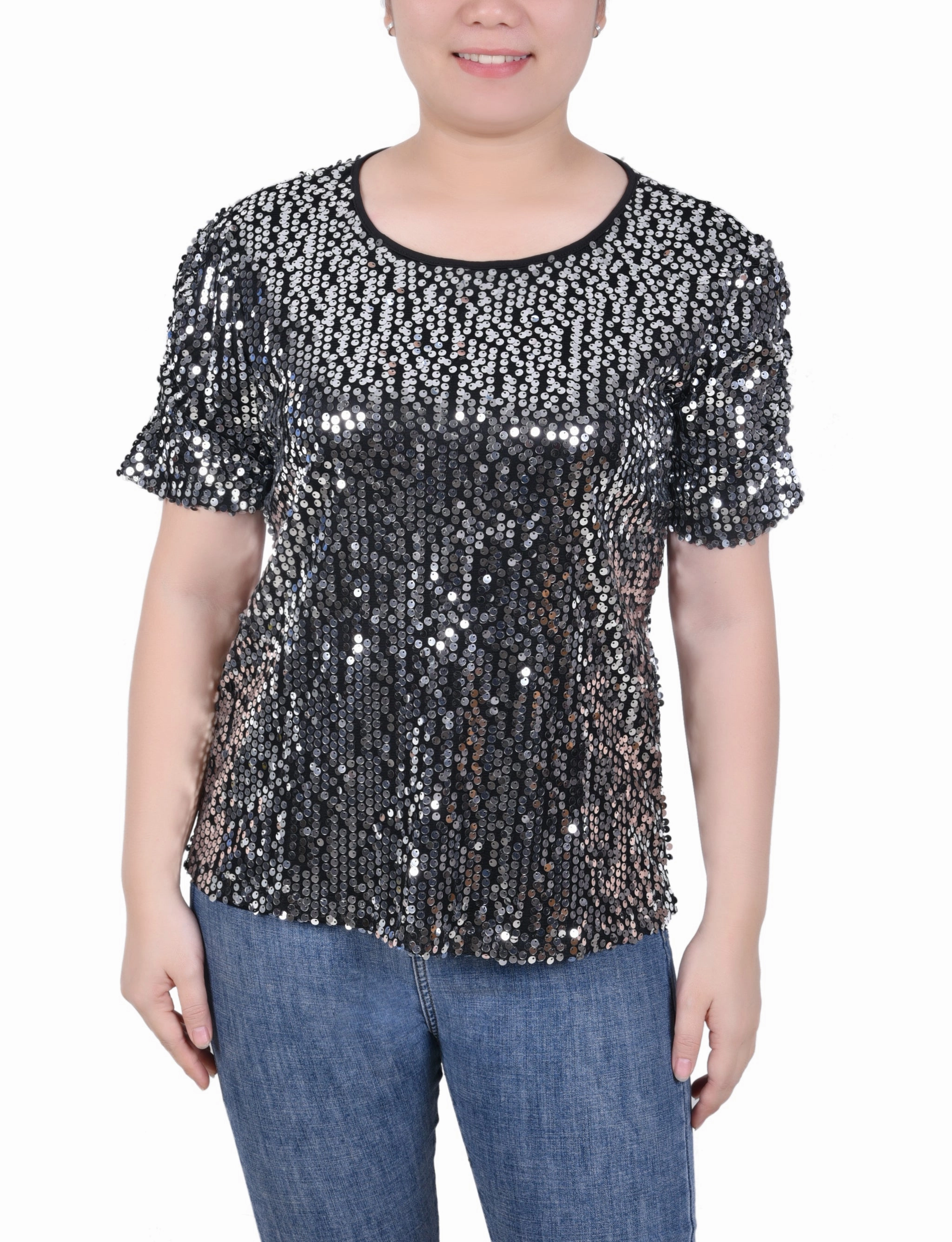 Petite Short Sleeve Sequined Top Stretchable Blend FrictionResistant Trim