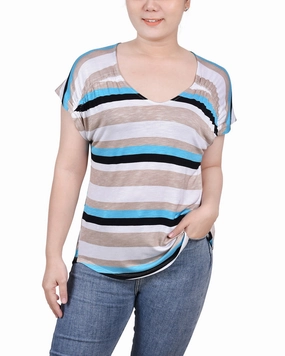 Petite Short Sleeve Striped V Neck Top Butter Soft Handfeel