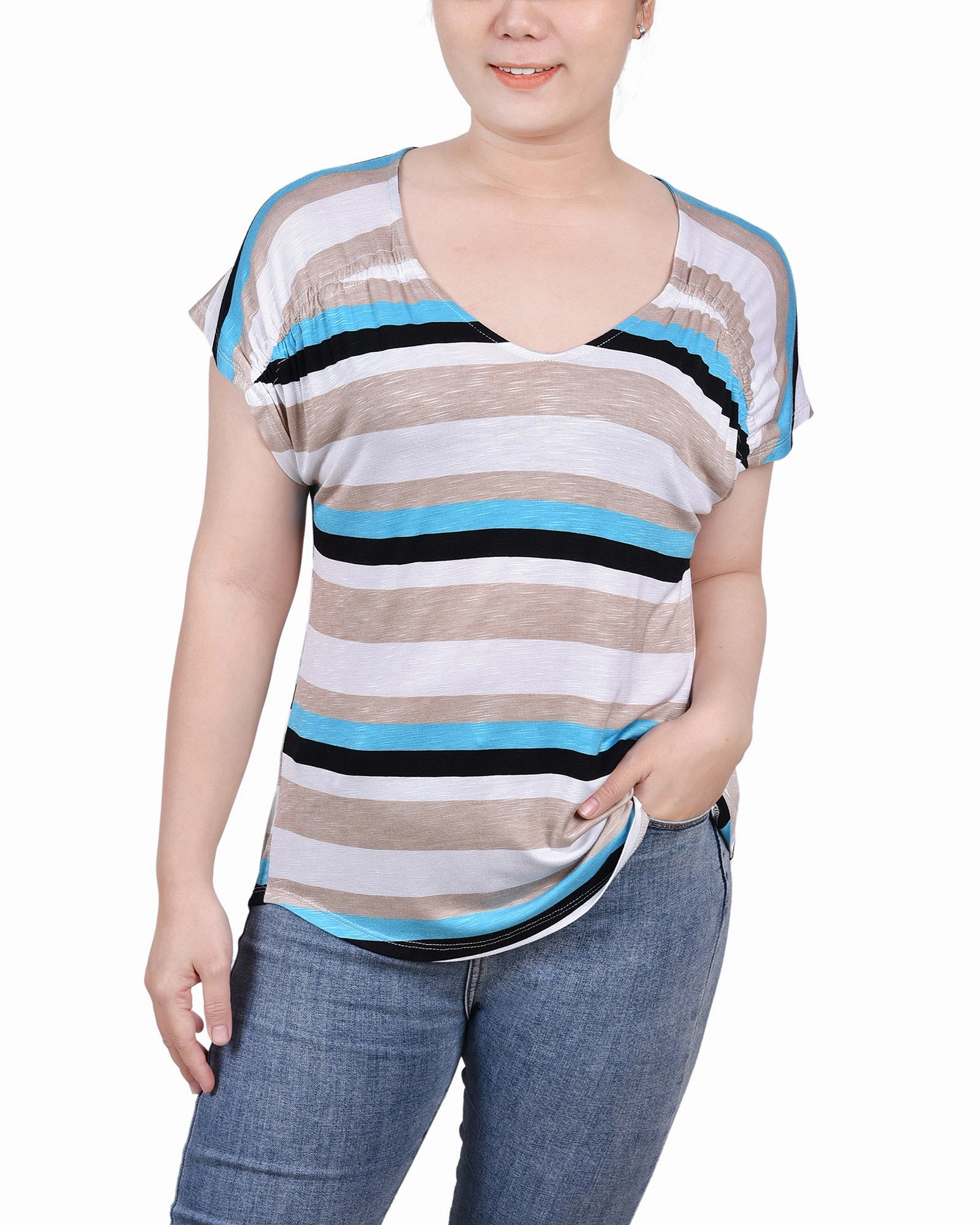Petite Short Sleeve Striped V Neck Top Simple Shirt ReinforcedShoulders