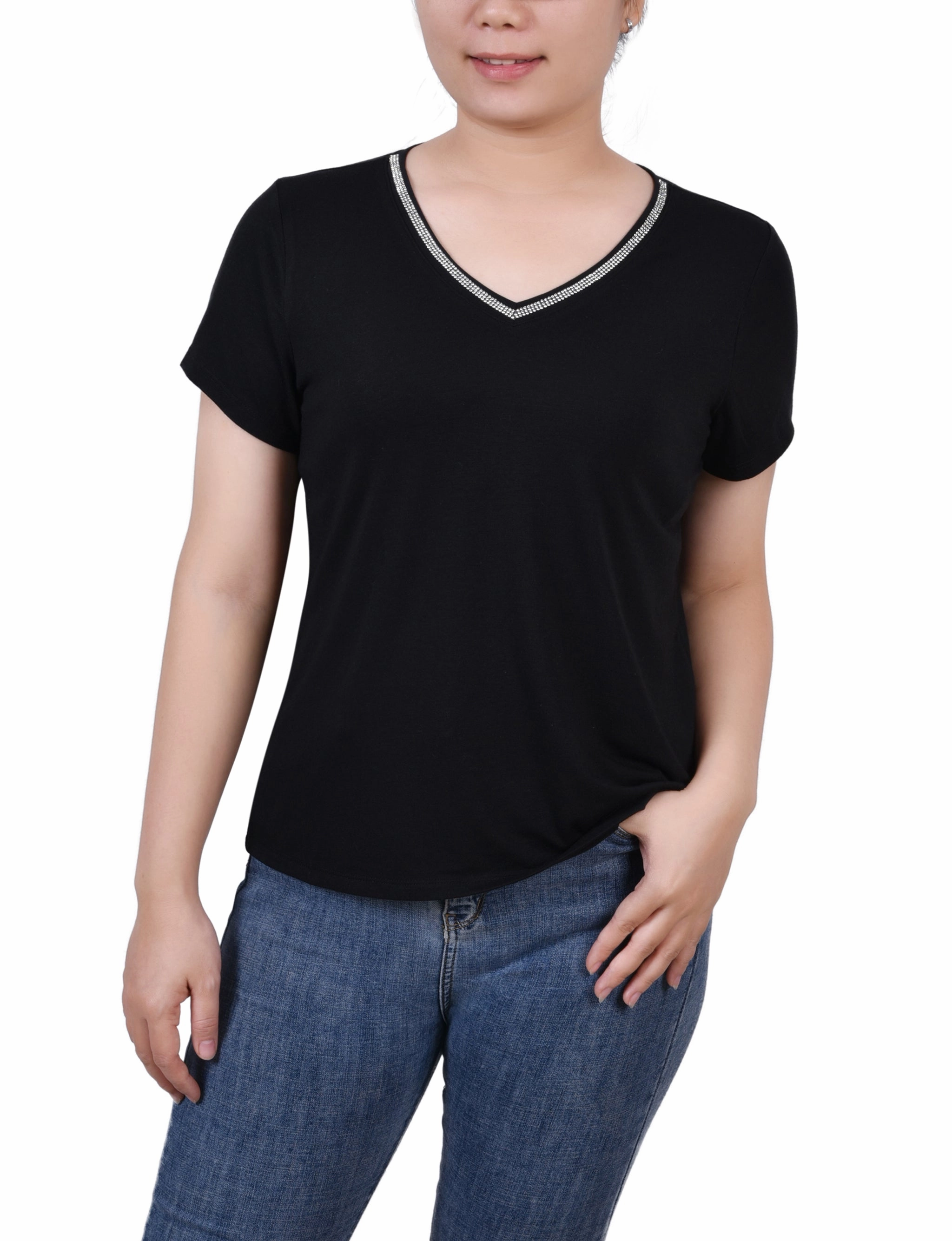 Luxurious Feel Petite Short Sleeve Top With Stone Details