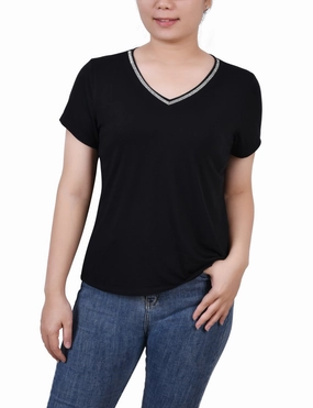 Petite Short Sleeve Top With Stone Details SoftKnit Easy Style