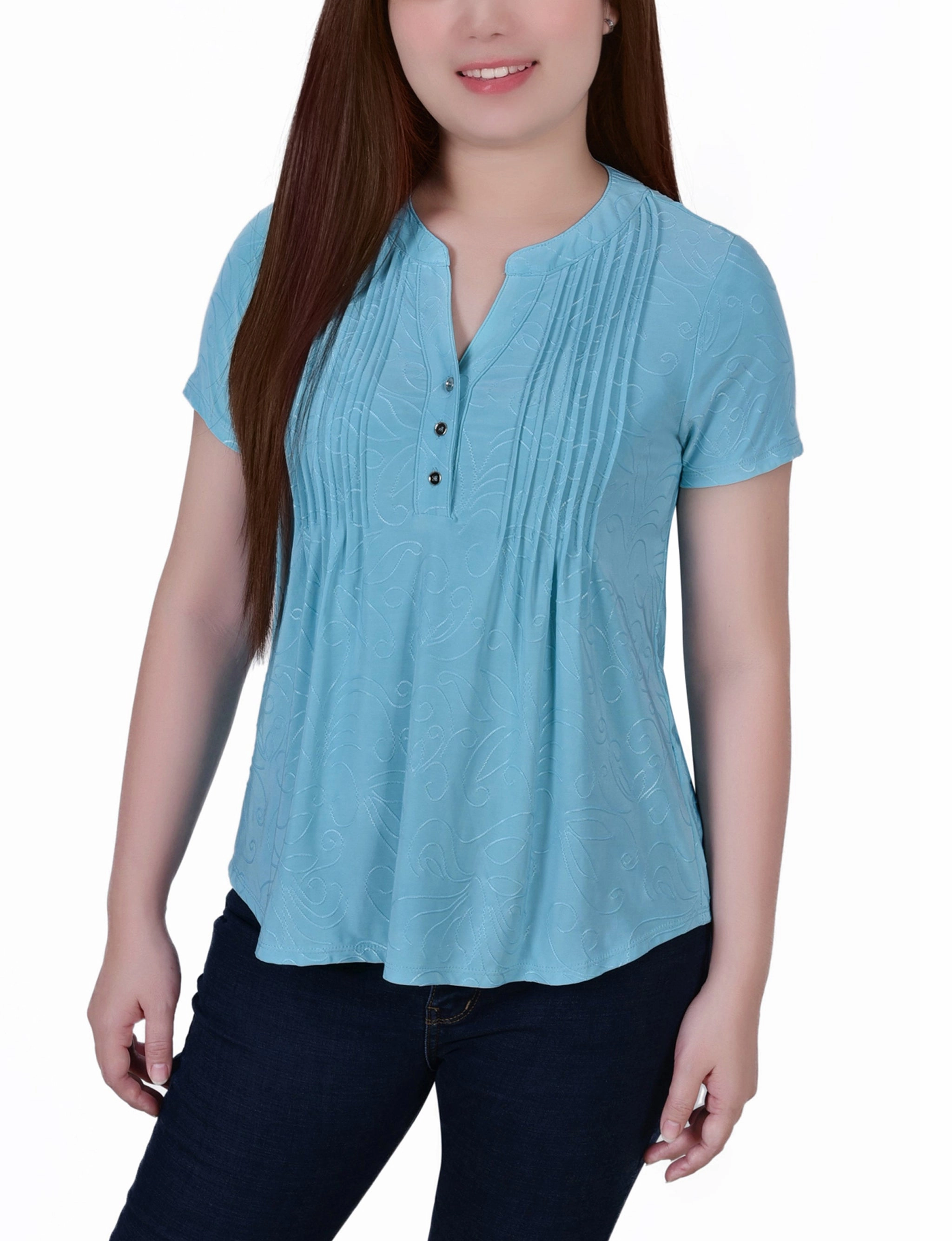 Petite Short Sleeve Y Neck Jacquard Knit Top WindproofBarrierTechnology