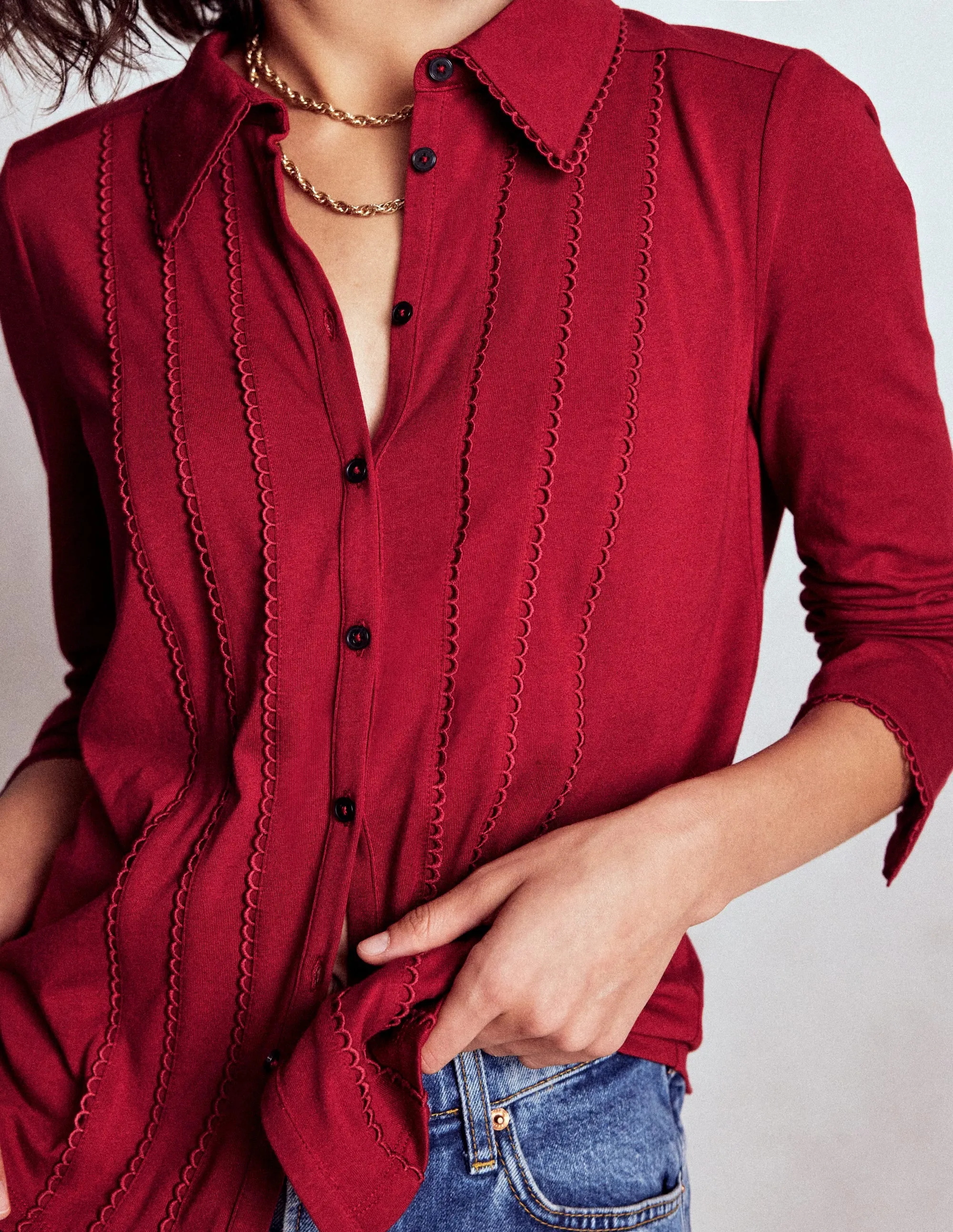Picot Trim Jersey Shirt-Crimson Red LowProfileDesign