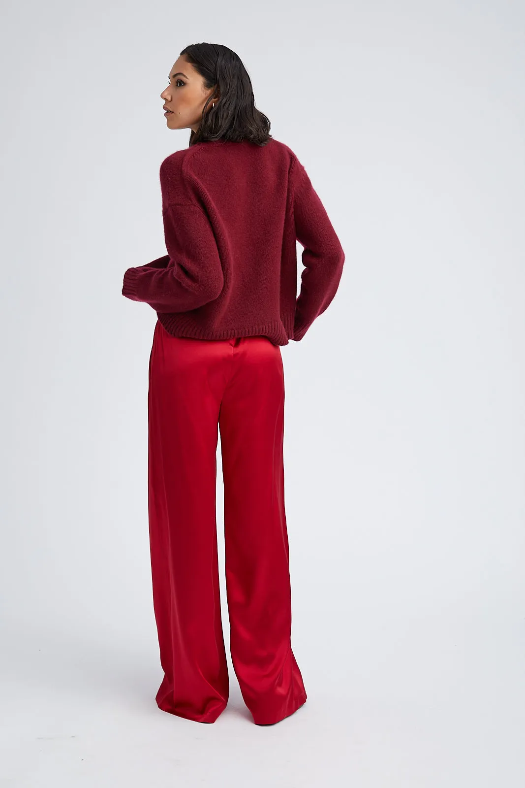 Layered Style Comfy Waistband Scarlet Silk Wide Leg Pintuck Pants