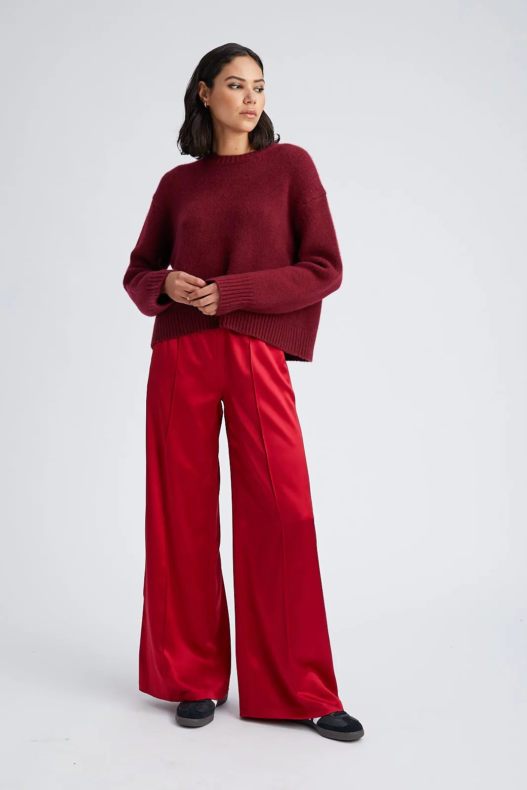 Scarlet Silk Wide Leg Pintuck Pants Breathable layers Double Needle Stitching