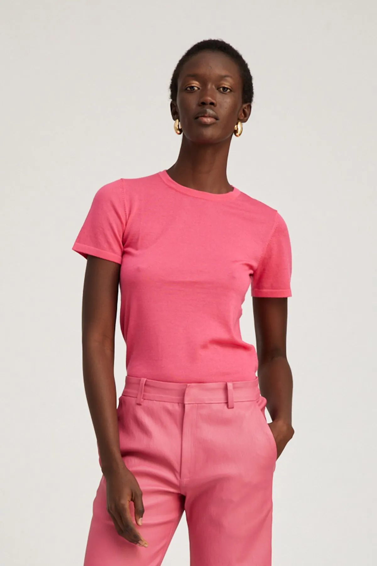 Pink Ultra Fine Cashmere Tee Bonded Seam Construction Lightweight Material