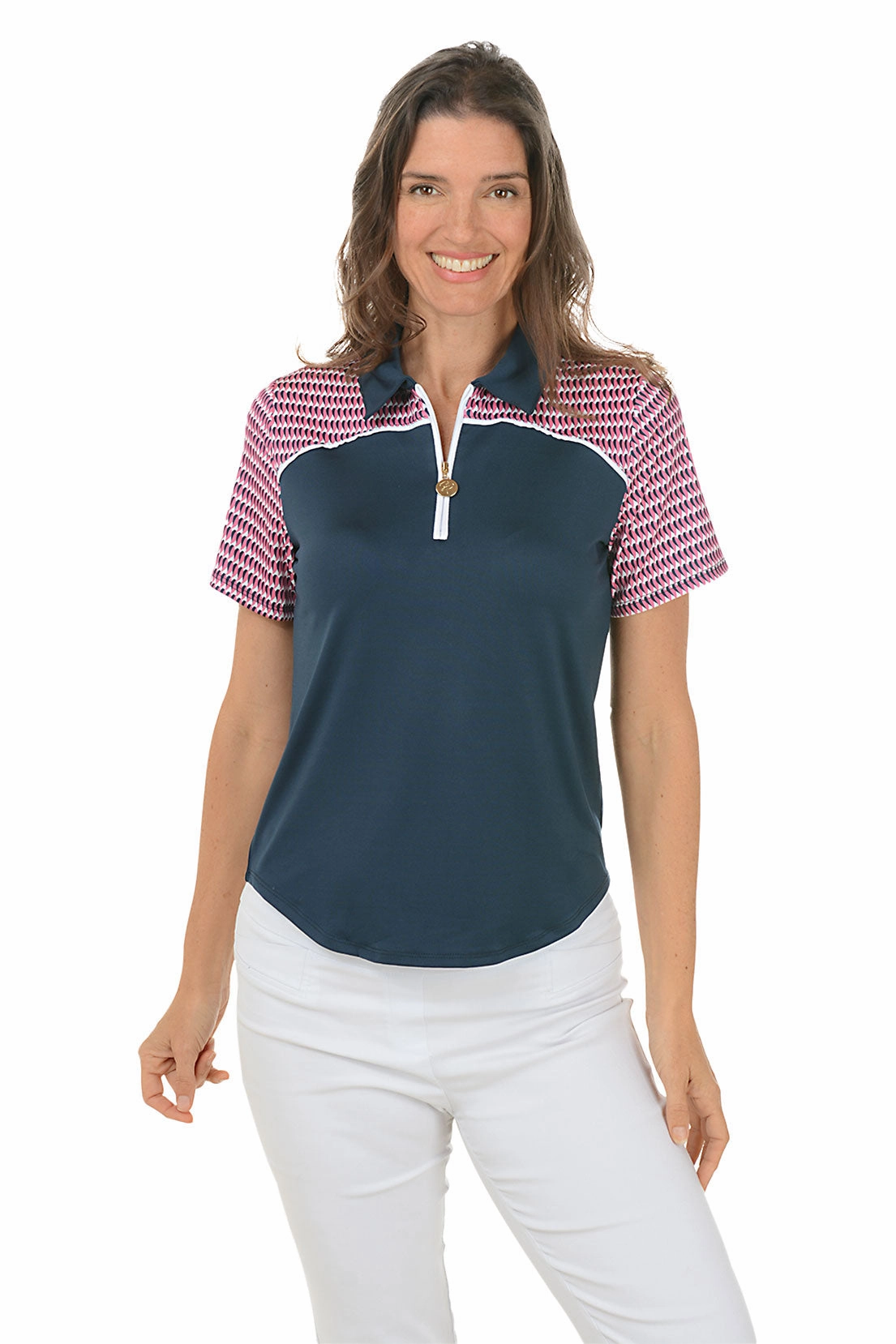 Durable Fiber Blend Pink Playful Geo UPF50 Contrast Polo Top