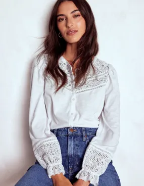 Hidden Zipper Pippa Broderie Jersey Shirt-White