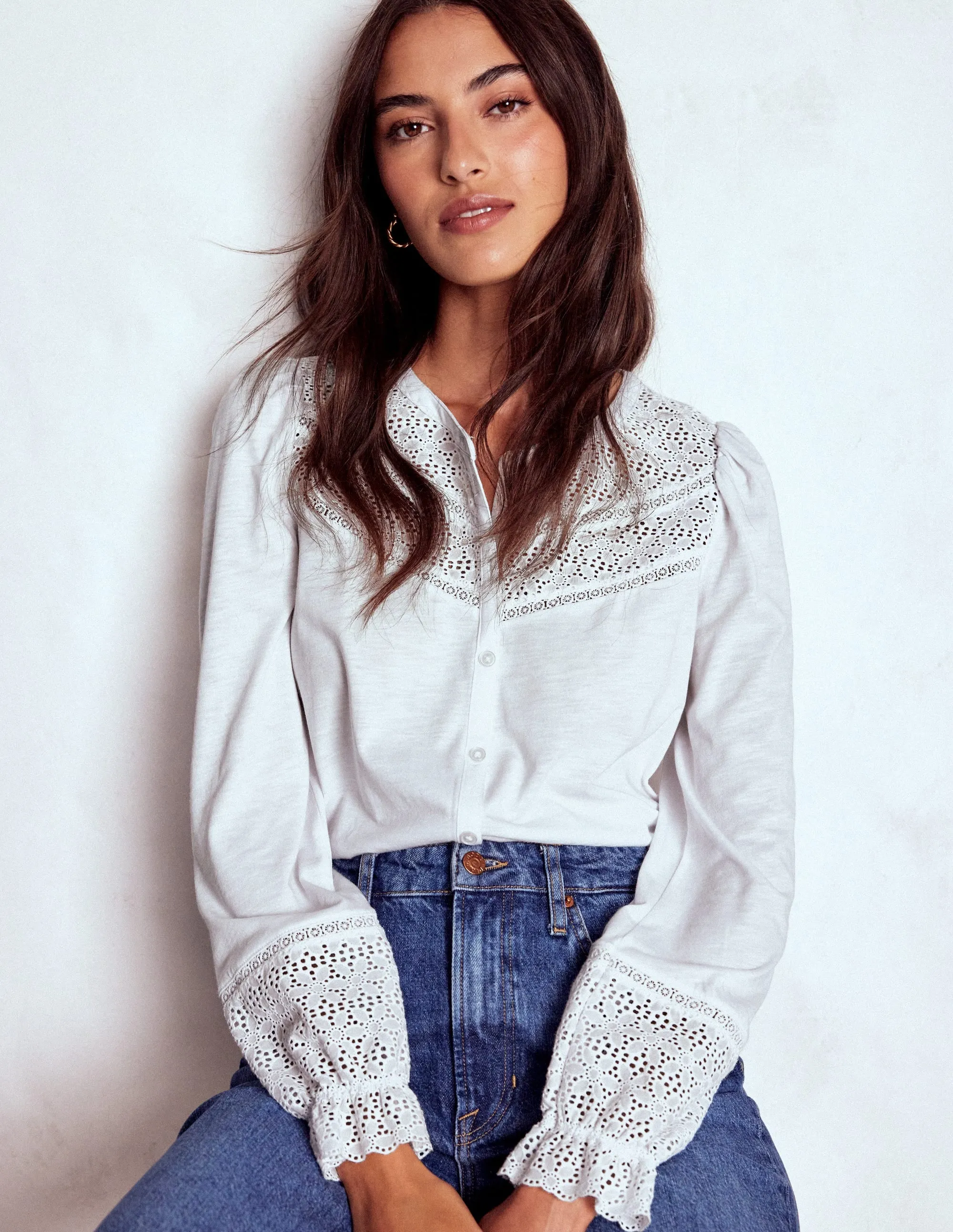 Hidden Zipper Pippa Broderie Jersey Shirt-White