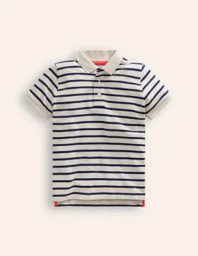Piqu Polo Shirt-Ivory/College Navy Double Stitched Seams