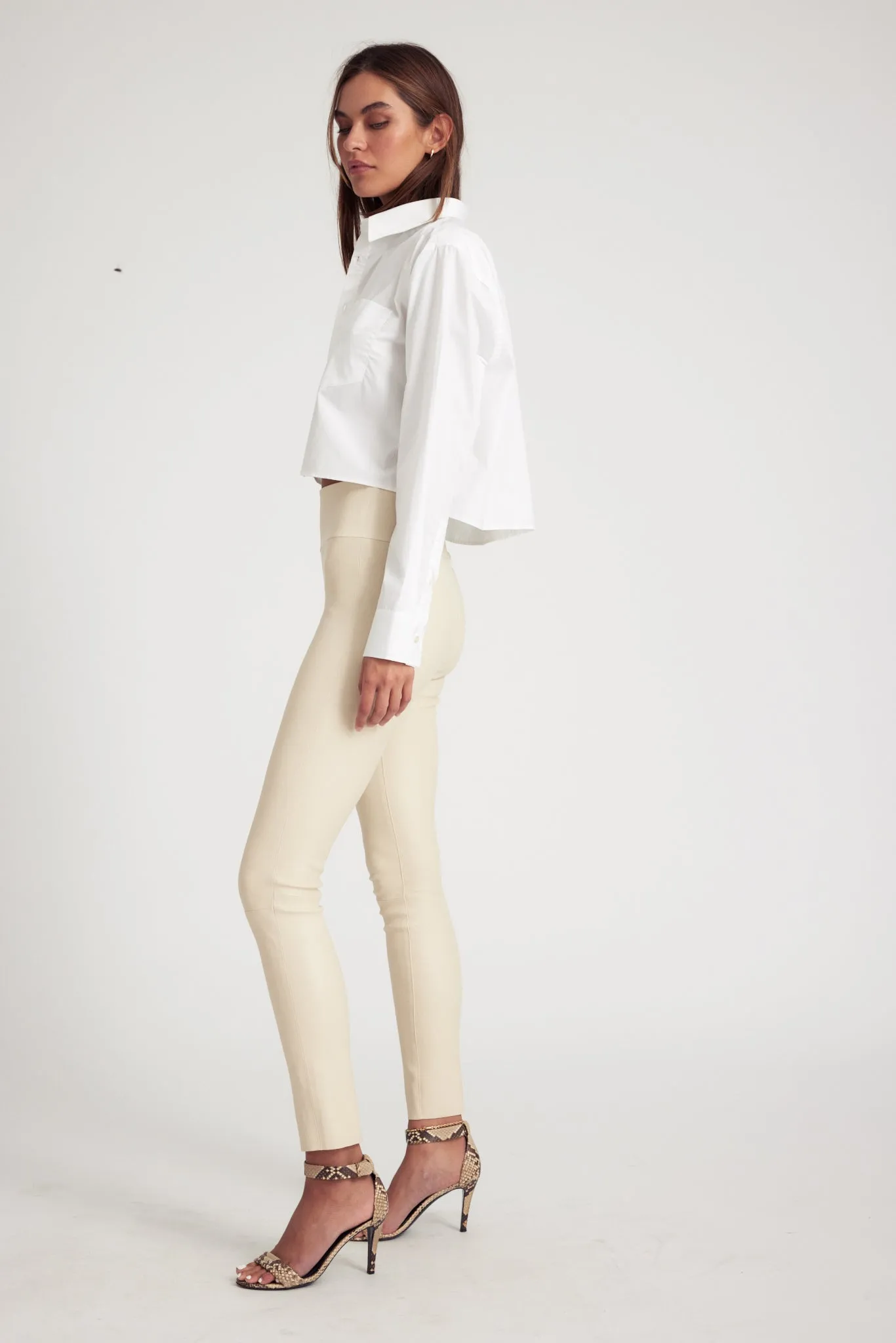 White Cropped Button Down Contrast Topstitching Detail Flexible Knit Blend