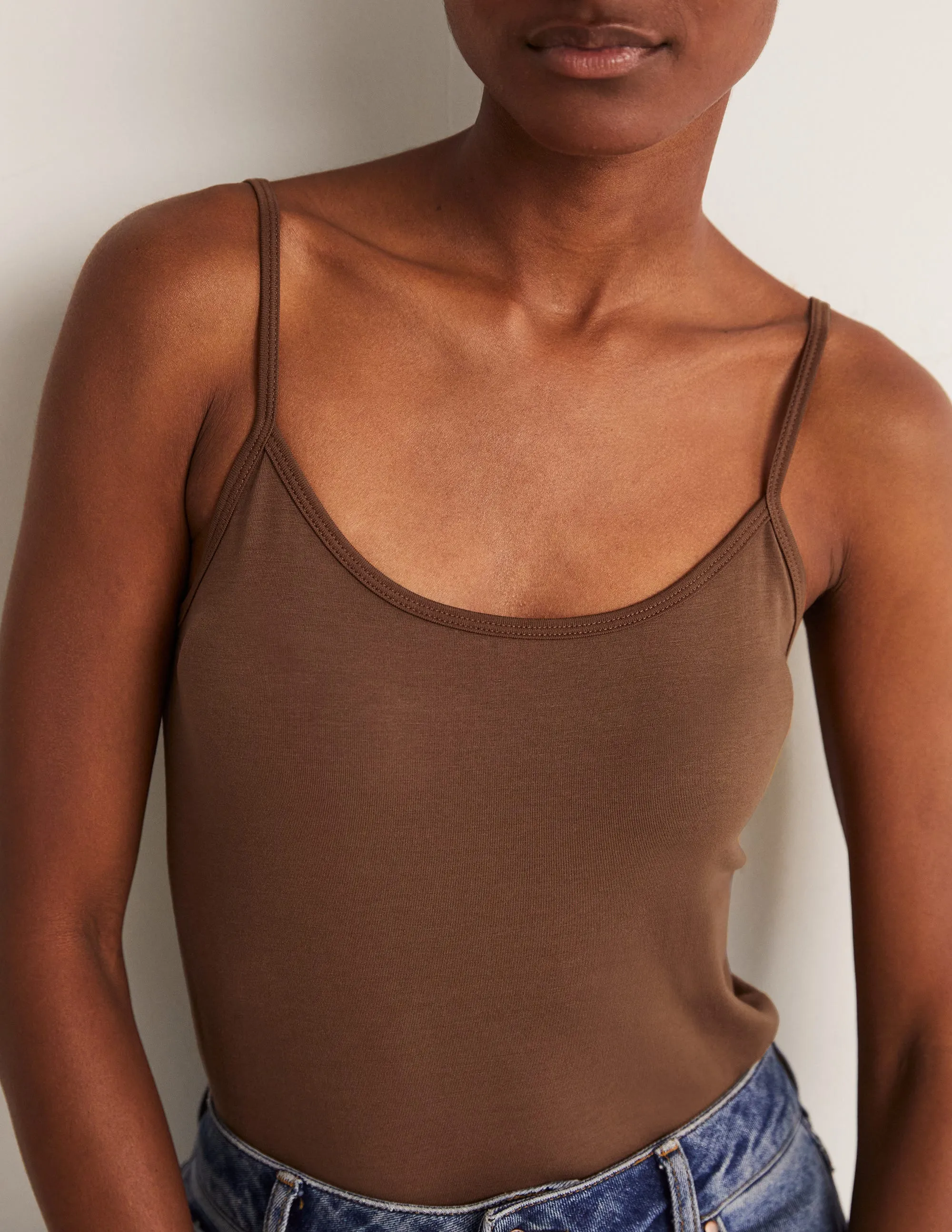 Plain Cami Top-Deep Brown V-neck Blouse SlubTexture
