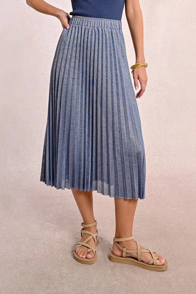 Crisp Details ribbed texture Pleated Knit Maxi Skirt in Iridescent Blue