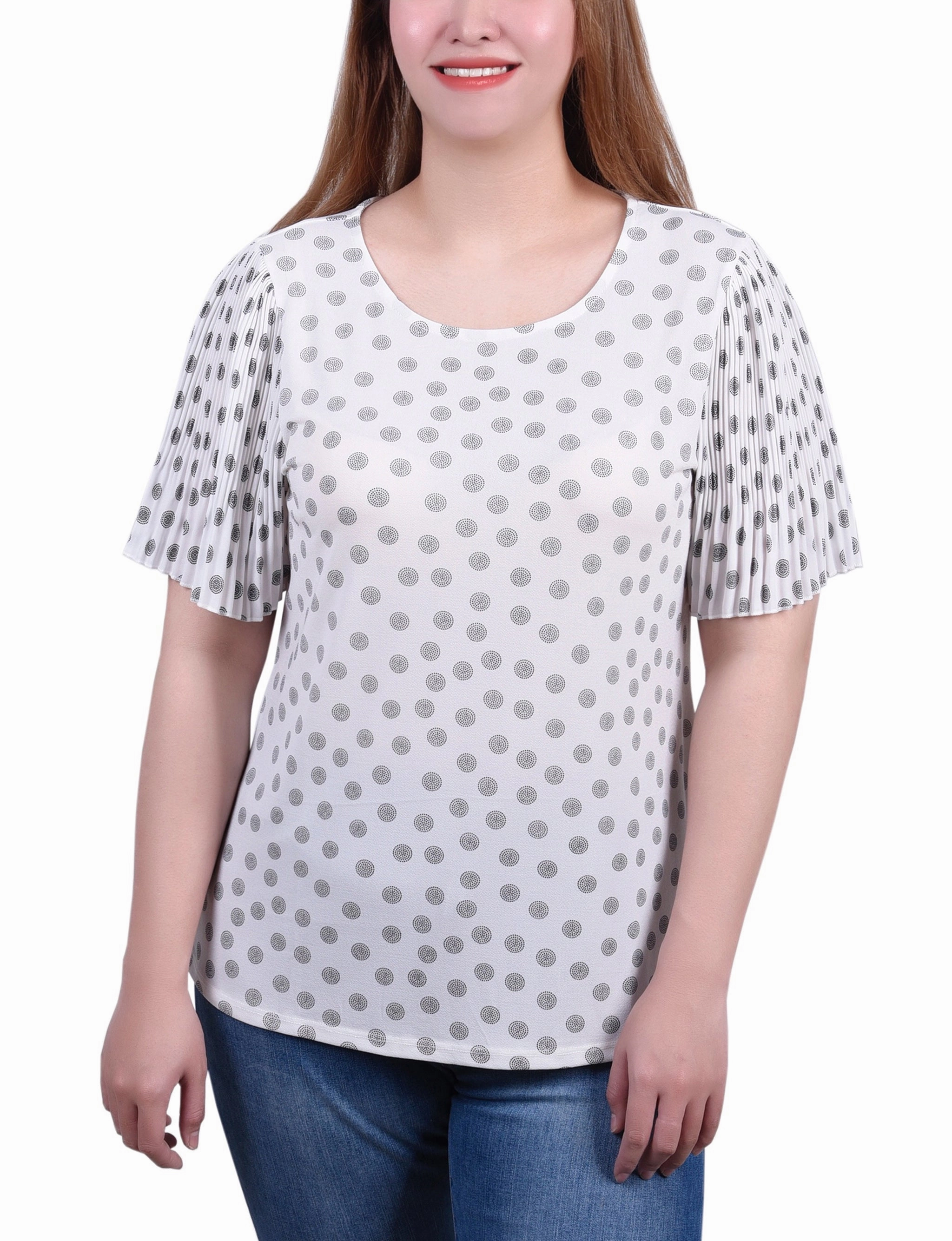 Friction Resistant Shoulder ButtonDownCollar Pleated-Sleeve Top