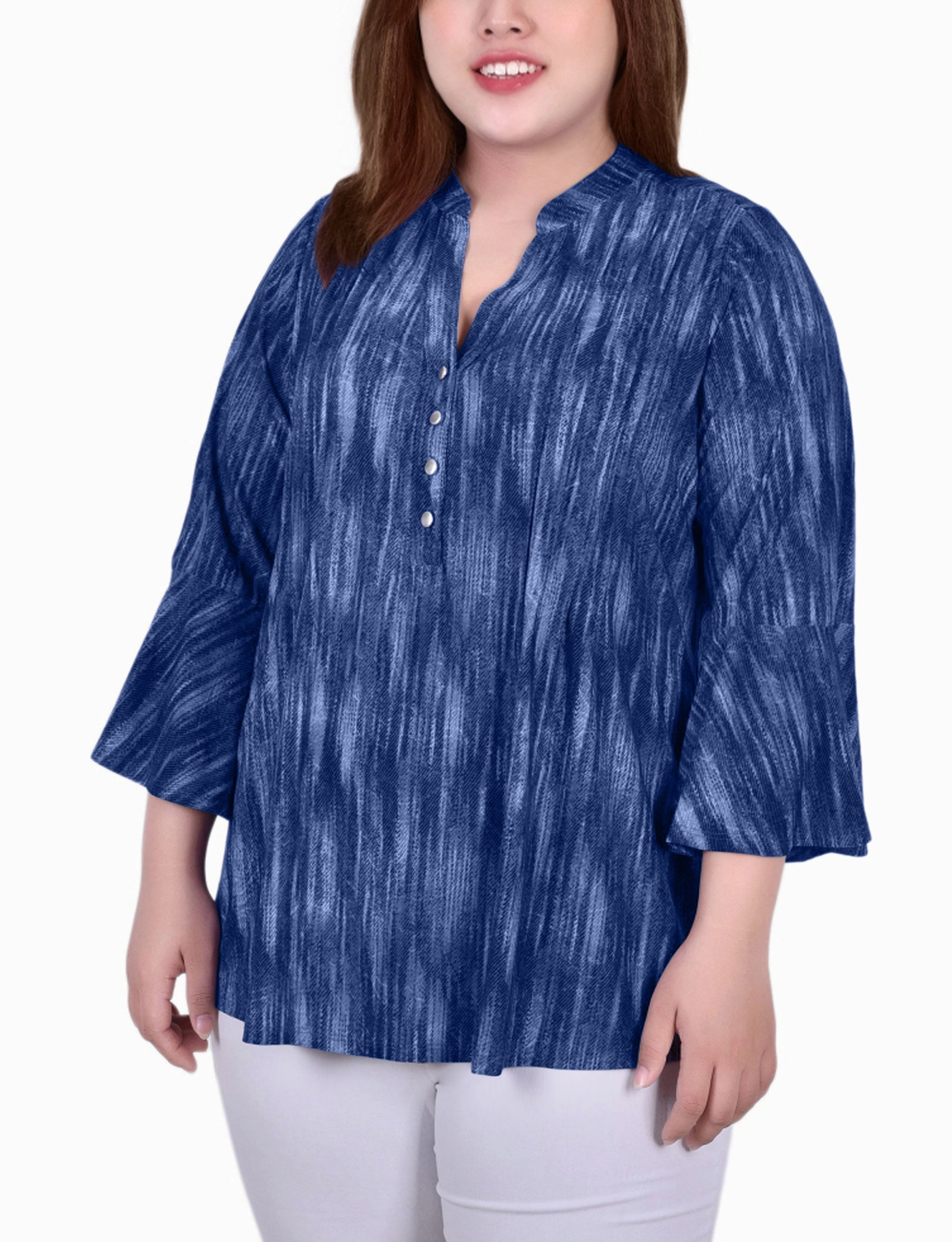 Printed top UltraSoft Blend Plus Size 3/4 Bell Sleeve Pleat Front Y Neck Top