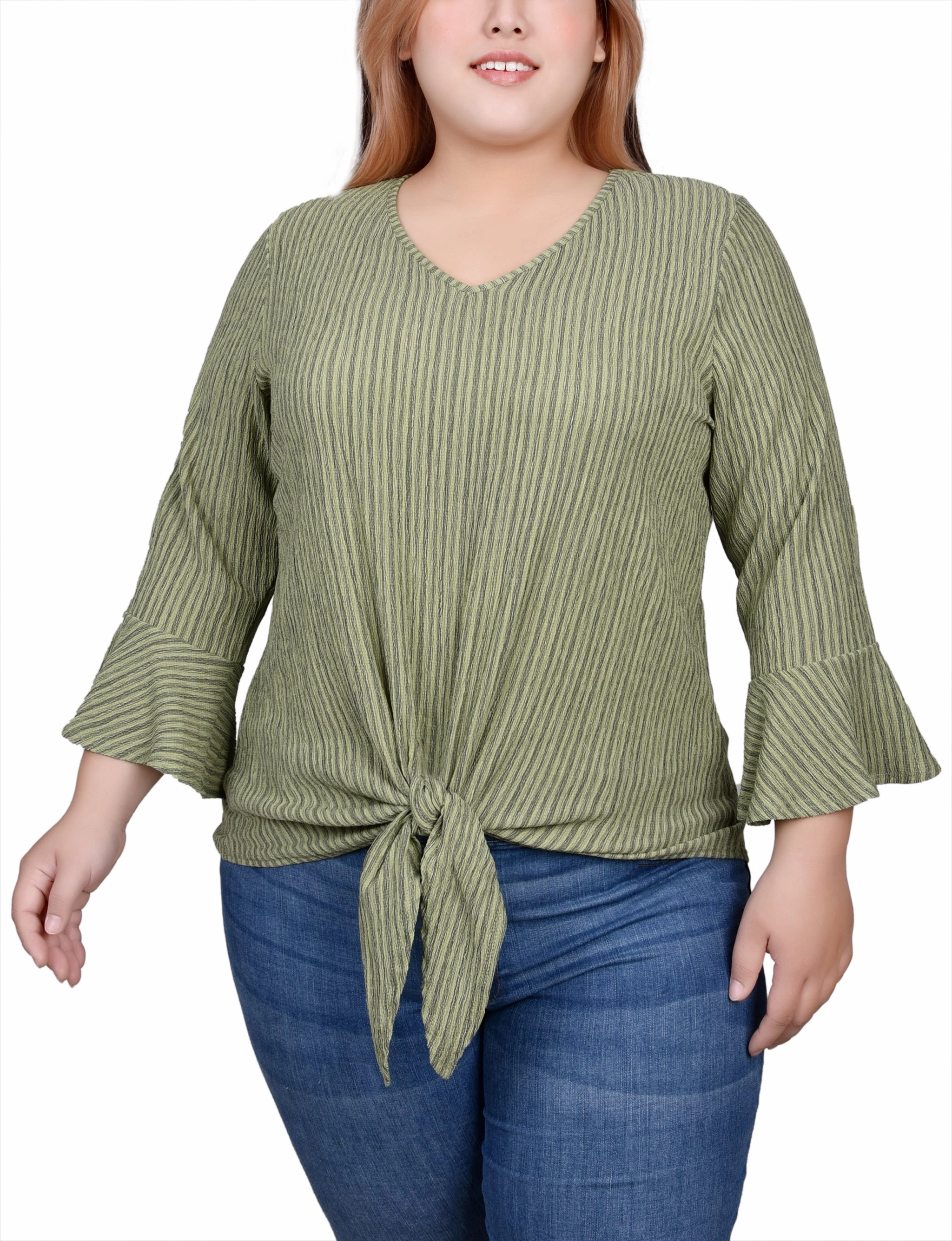 Flexible Knit Blend Plus Size 3/4 Bell Sleeve Textured Knit Top