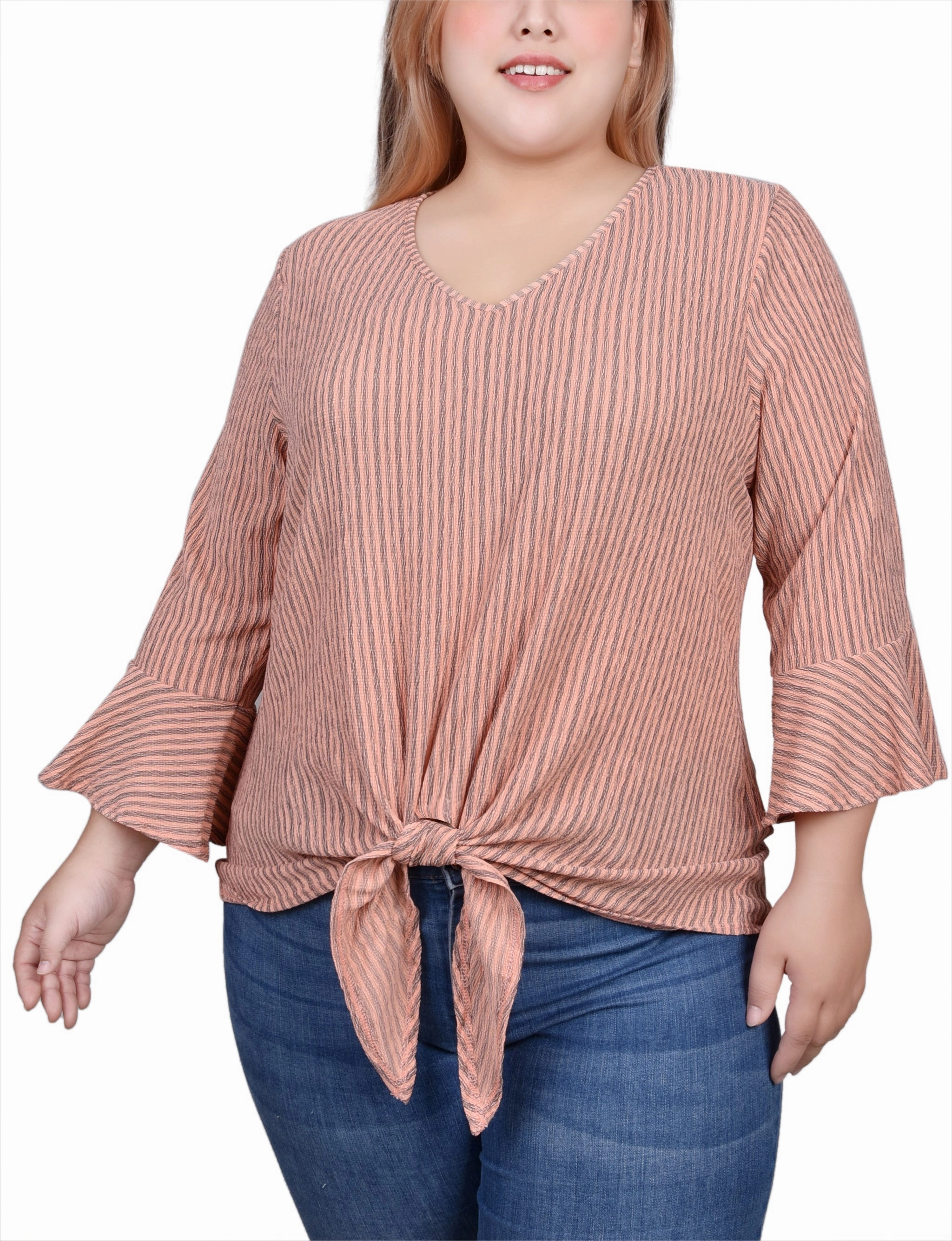 ReinforcedArmholes Plus Size 3/4 Bell Sleeve Textured Knit Top