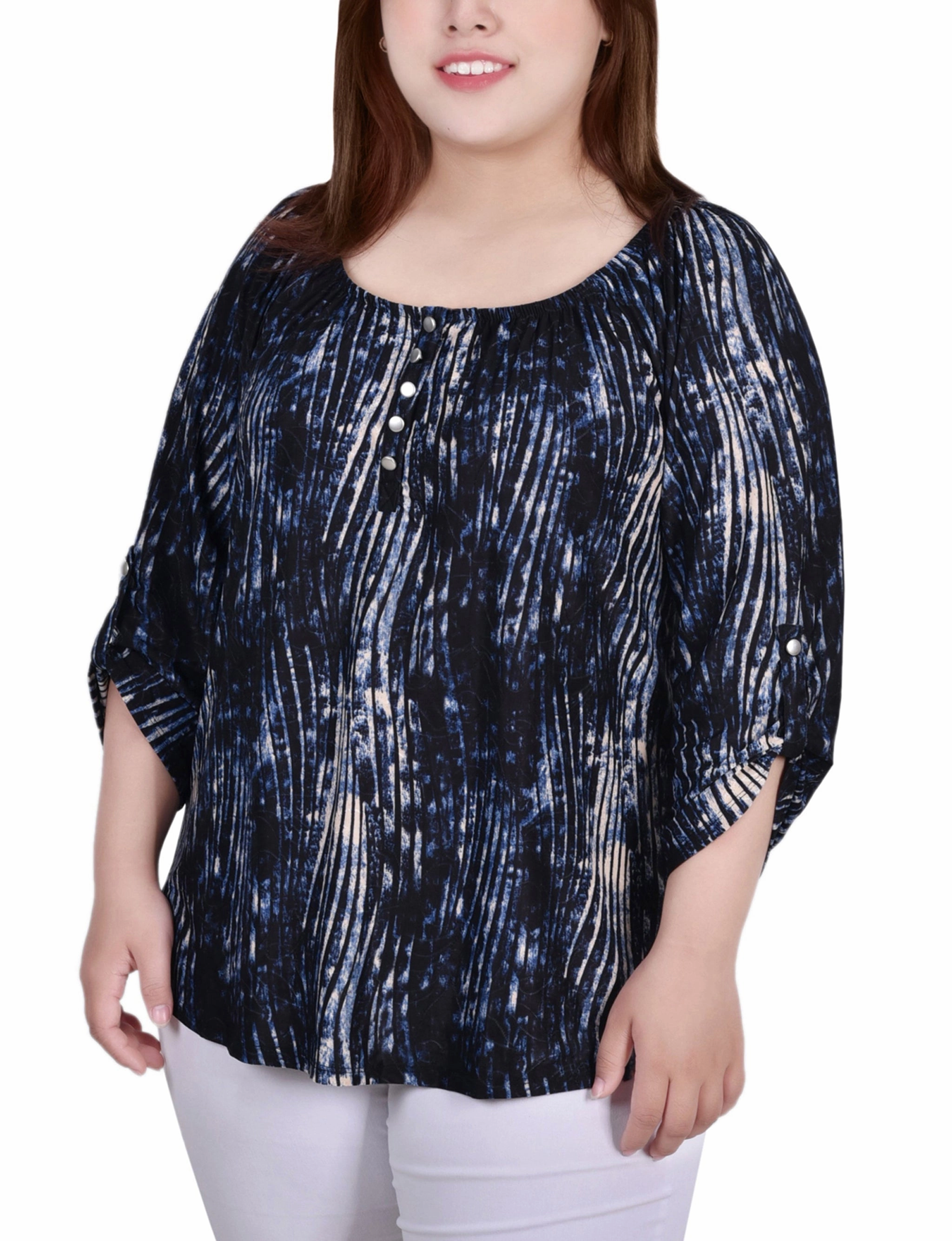 Plus Size 3/4 Push Tab Round Neck Top LowMaintenanceFabric