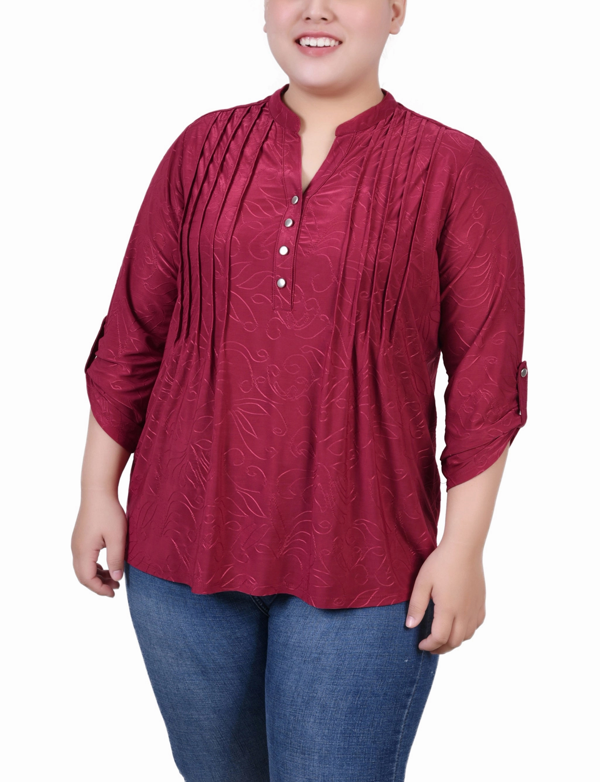 Plus Size 3/4 Roll Tab Pullover Top Antimicrobial Treatment