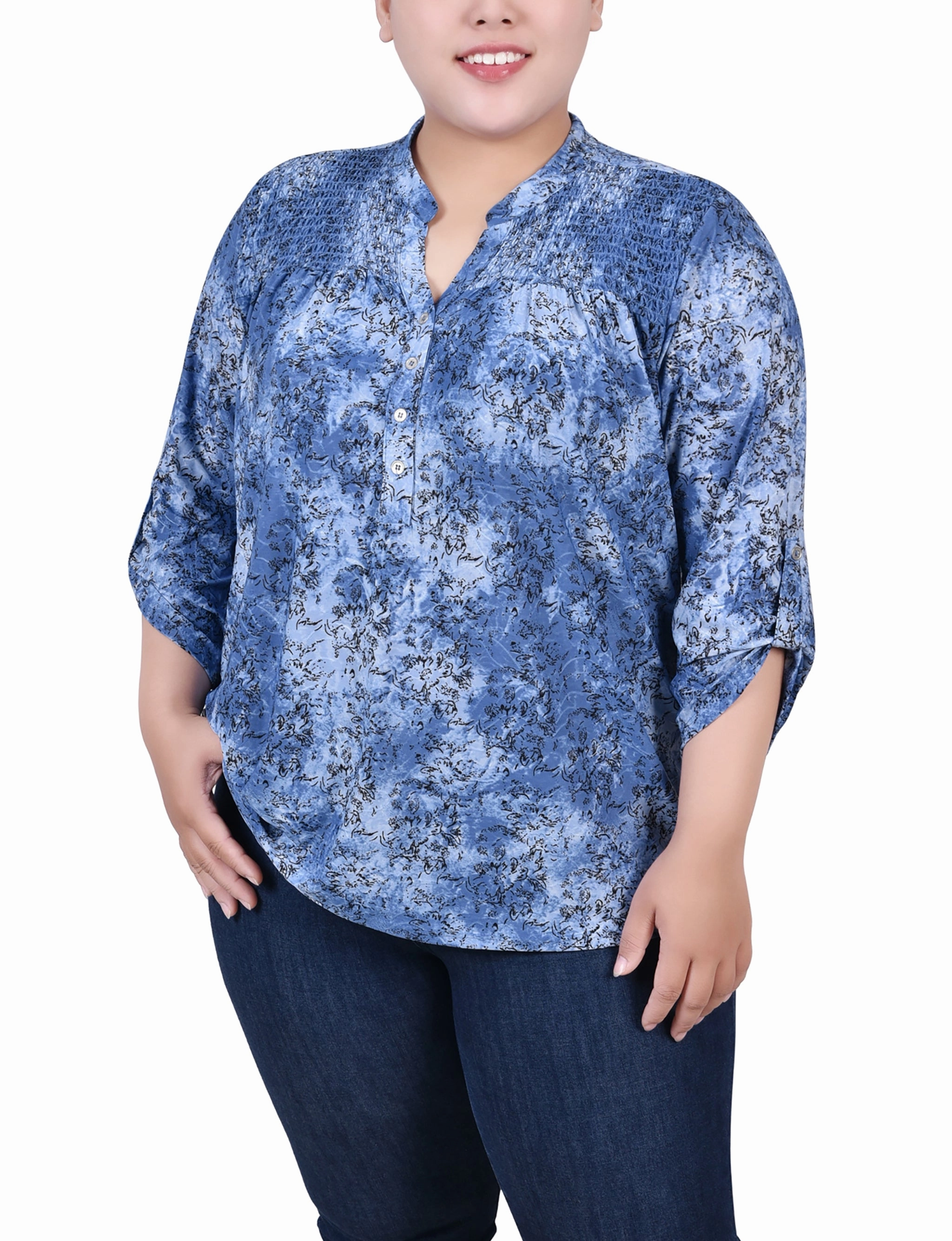 Plus Size 3/4 Roll Tab Sleeve Smocked-Yoke Top TwillWeave