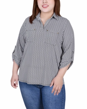 Plus Size 3/4 Roll Tab Sleeve Studded Y Neck Top Fun Design