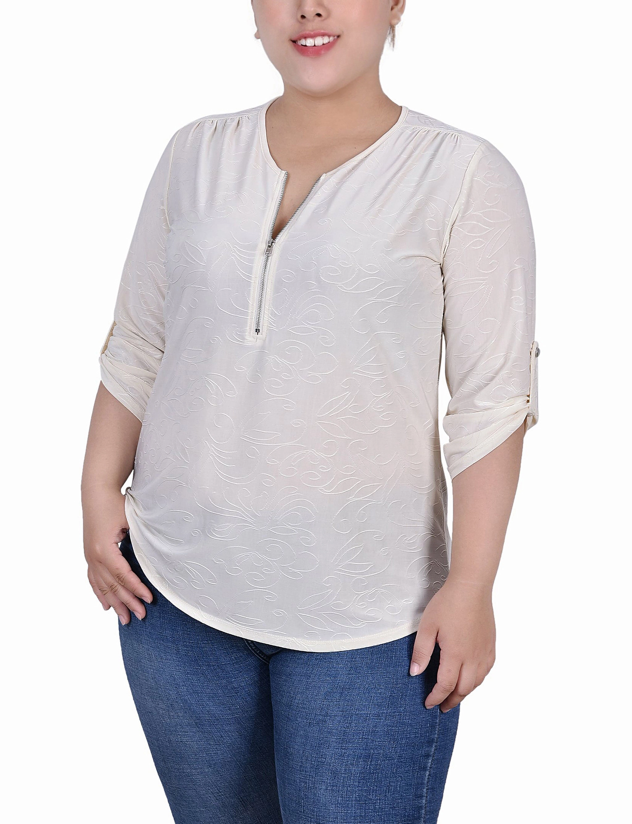 Plus Size 3/4 Roll Tab Zip Front Jacquard Knit Top Multi Way Adjustable Fit Fray Resistant Edges
