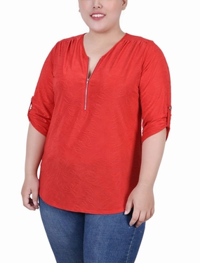 Butter Soft Handfeel Plus Size 3/4 Roll Tab Zip Front Jacquard Knit Top