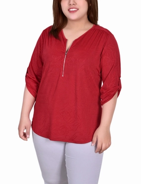 Plus Size 3/4 Roll Tab Zip Front Jacquard Knit Top Chic Sweater
