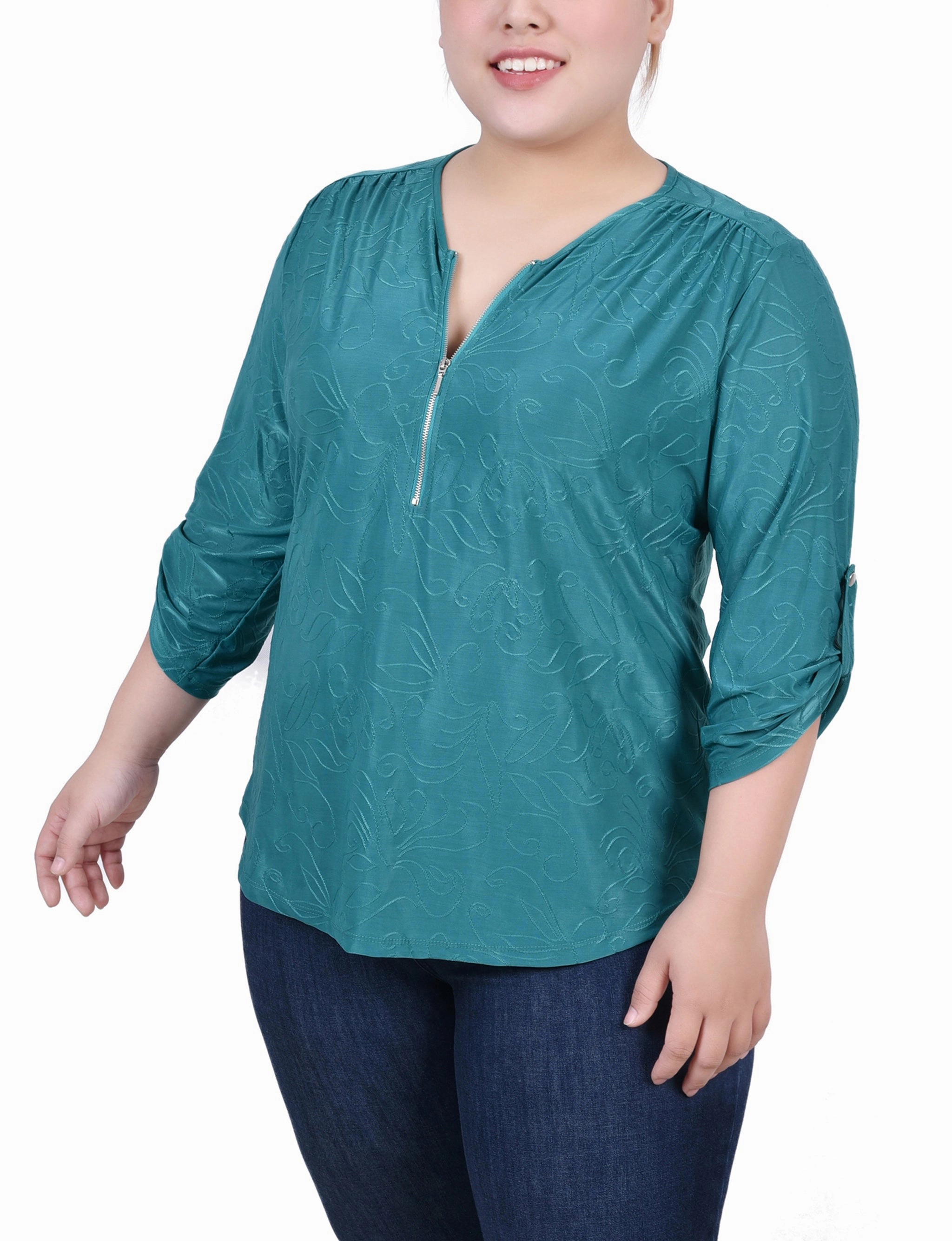 Plus Size 3/4 Roll Tab Zip Front Jacquard Knit Top EasyCareMaterial Snag Free Fabric