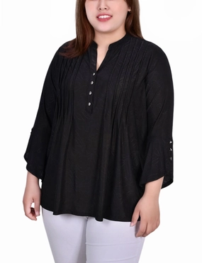 Contrast Stitch Accent Plus Size 3/4 Sleeve Overlapped Bell Sleeve Y Neck Top