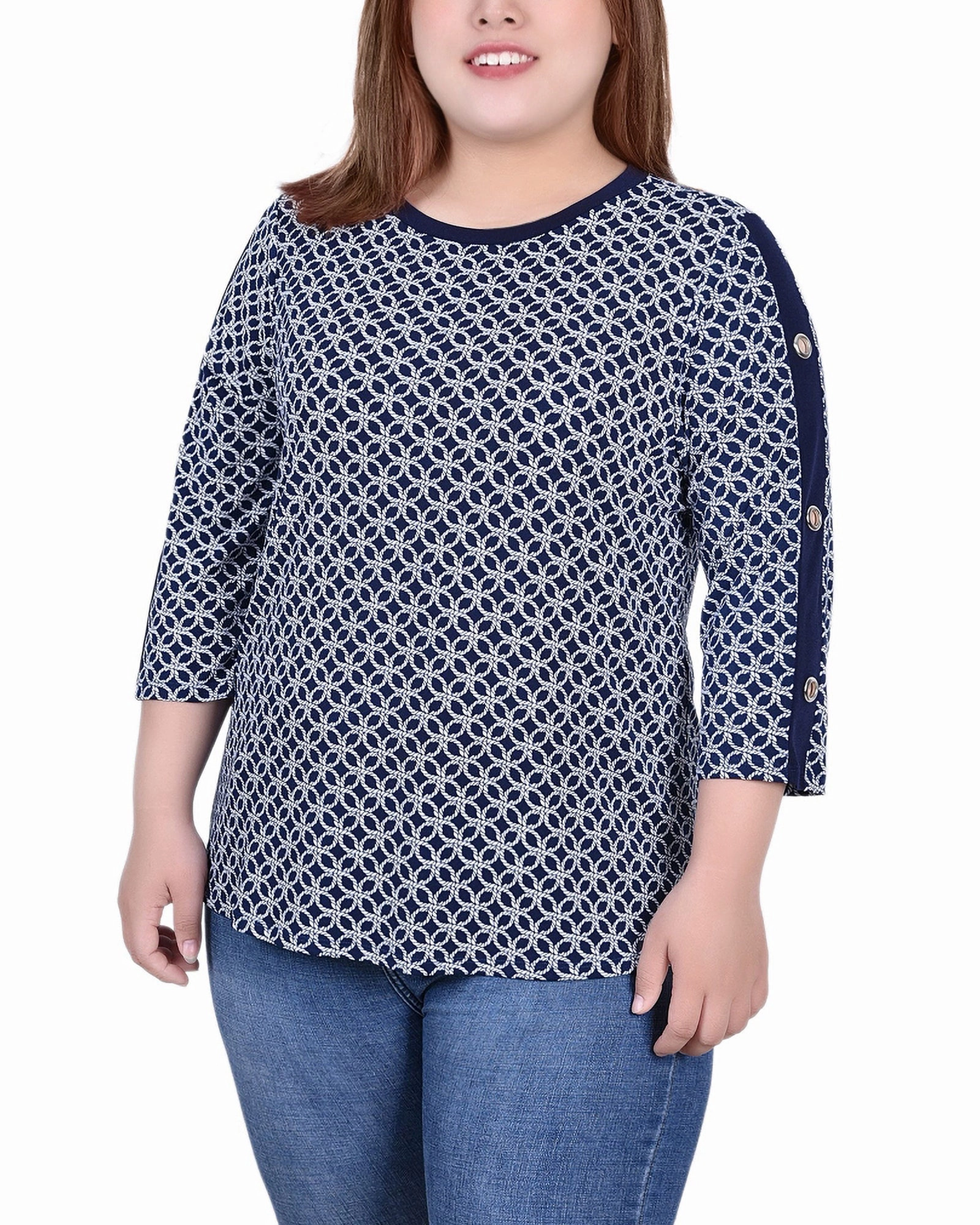 Plus Size 3/4 Sleeve Top With Combo Bands and Grommets Odor Resistant Finish ButterySoftTextile