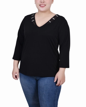 Casual Tee UltraLightweight Plus Size 3/4 Sleeve Top With Illusion Neckline and Stones
