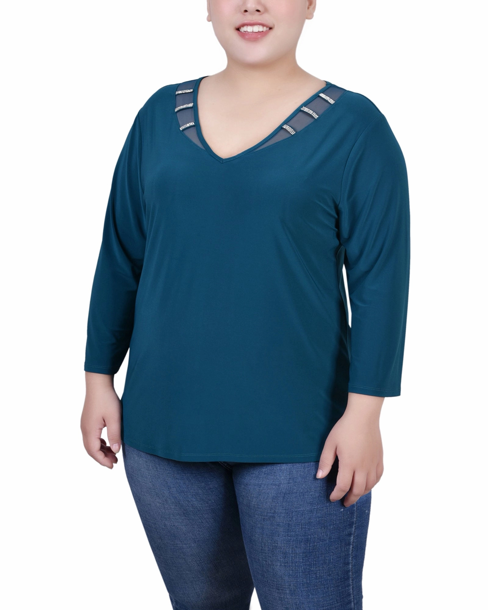 Plus Size 3/4 Sleeve Top With Illusion Neckline and Stones HighStrength Threadwork