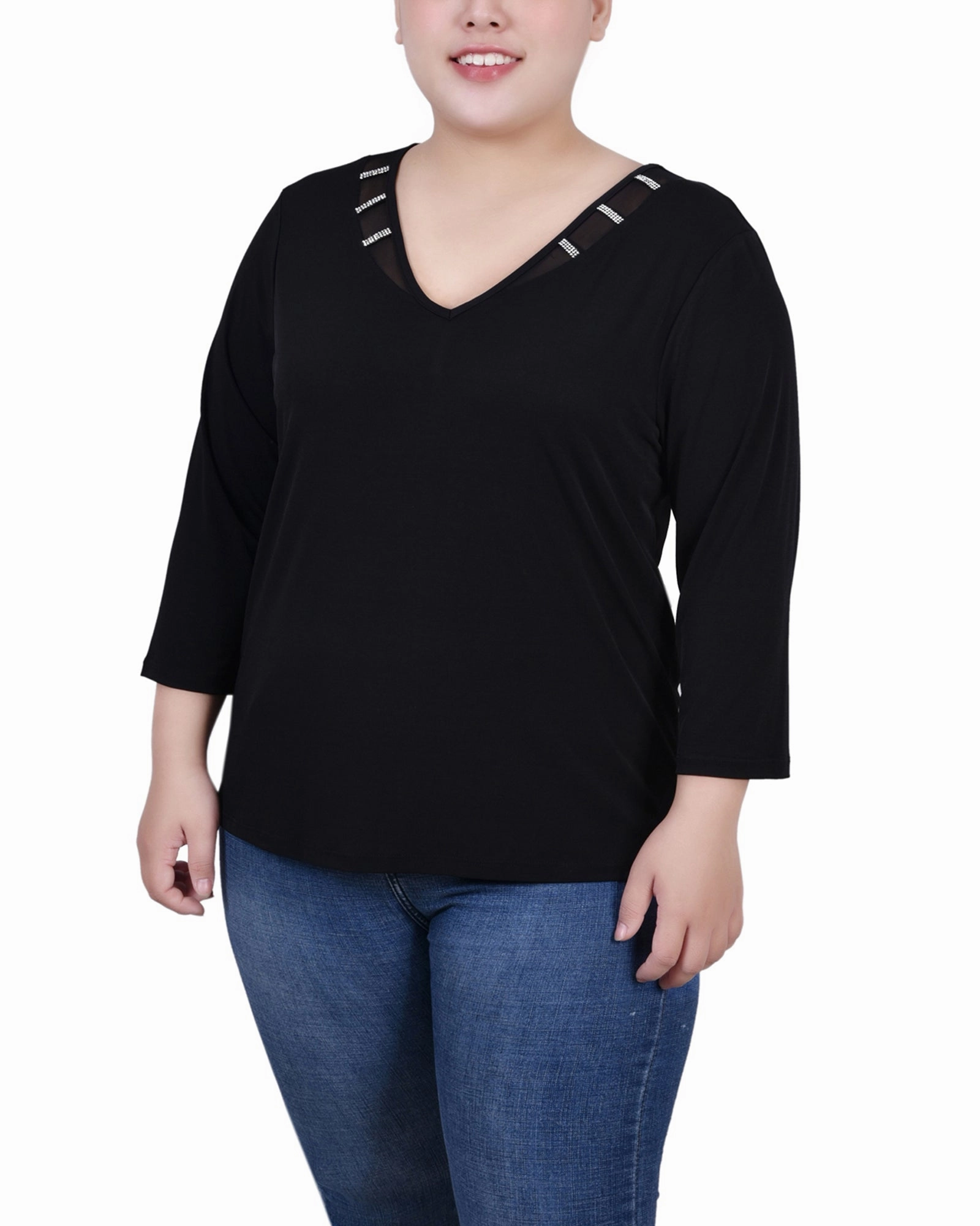 Plus Size 3/4 Sleeve Top With Illusion Neckline and Stones Quick Release Buttons Non Restrictive Fit