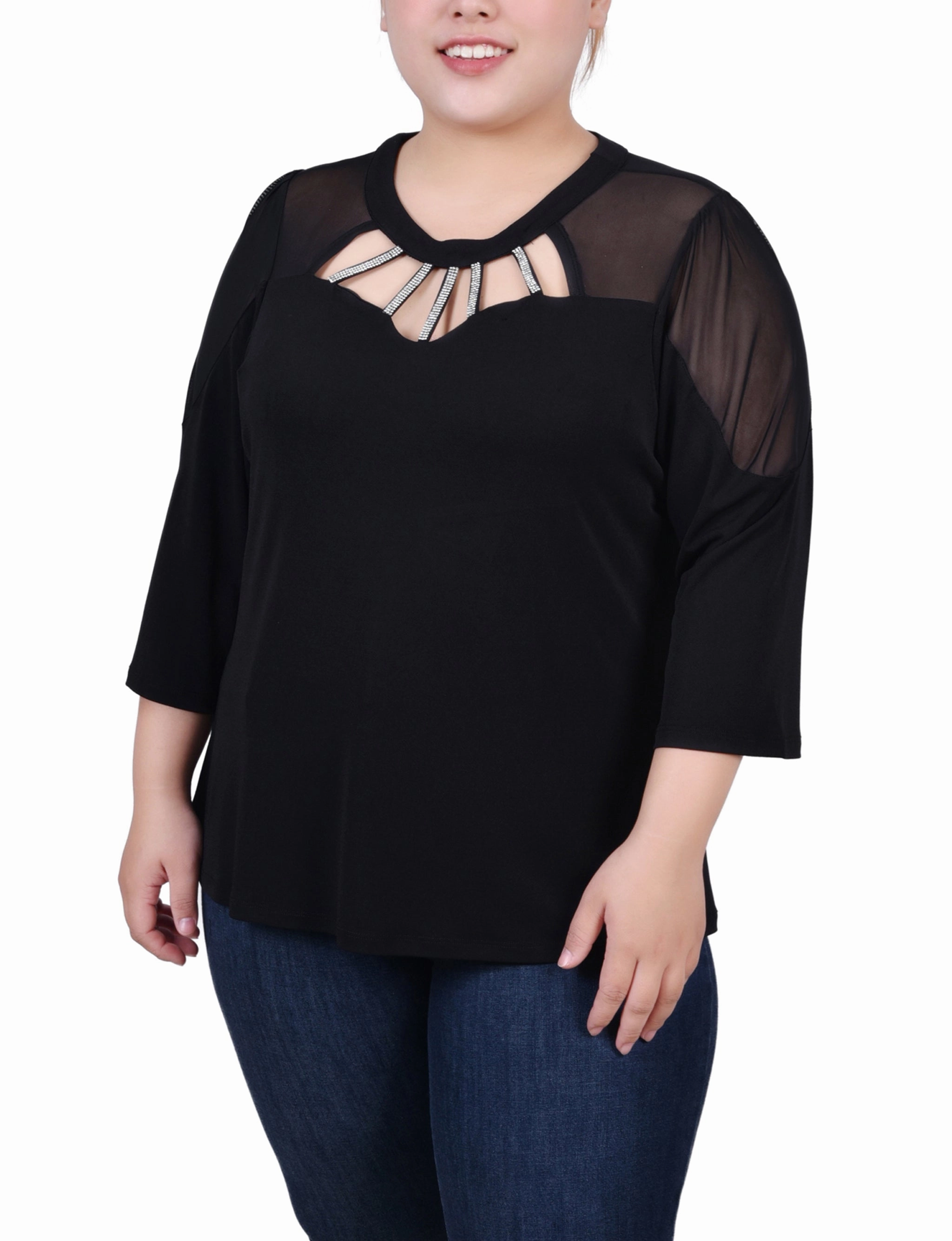 Plus Size 3/4 Sleeve Top With Neckline Cutouts and Stones Lightweight Weave