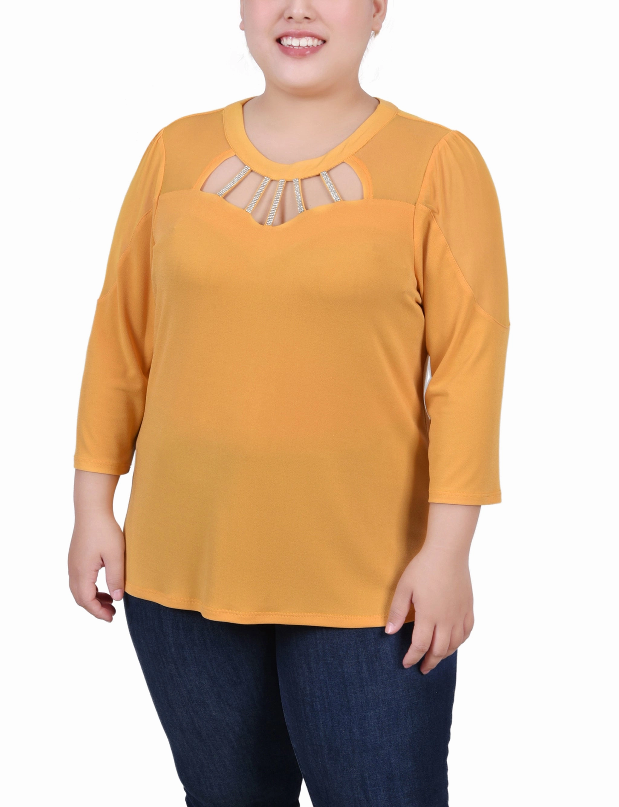 Plus Size 3/4 Sleeve Top With Neckline Cutouts and Stones HiddenPocket Durable Reinforced Elbow Patches