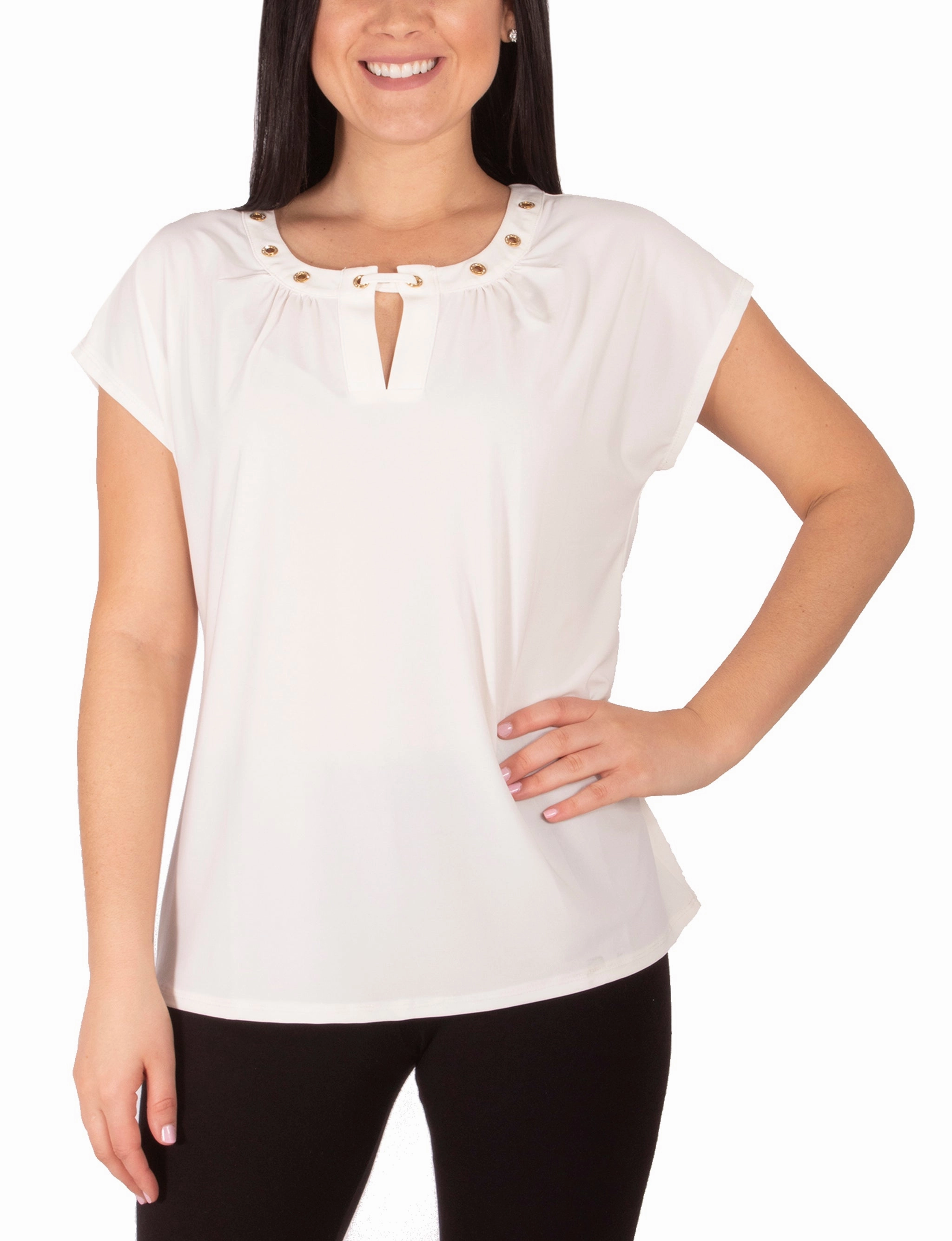 Plus Size Cap Sleeve Top With Grommet Details And Keyhole FadeResistant Treatment