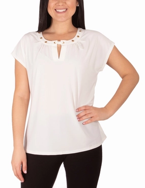 Plus Size Cap Sleeve Top With Grommet Details And Keyhole UltraSoft Blend